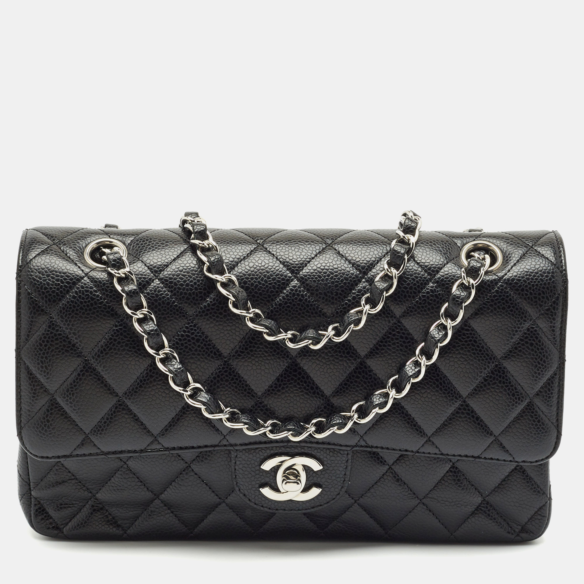 

Chanel Black Quilted Caviar Leather  Classic Double Flap Bag
