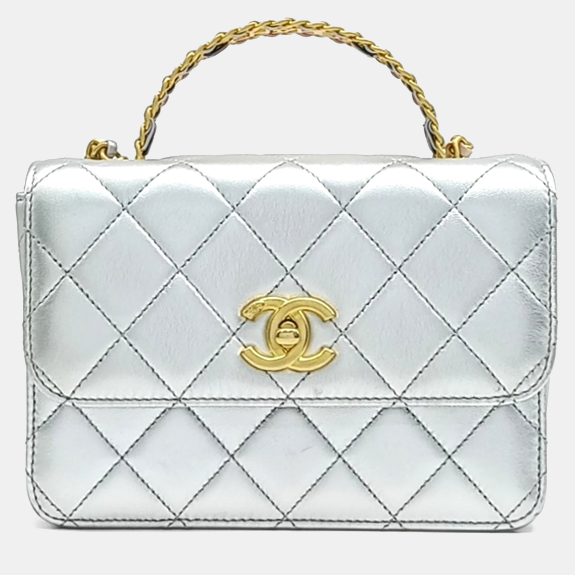 

Chanel Silver Leather rainbow top handle chain bag