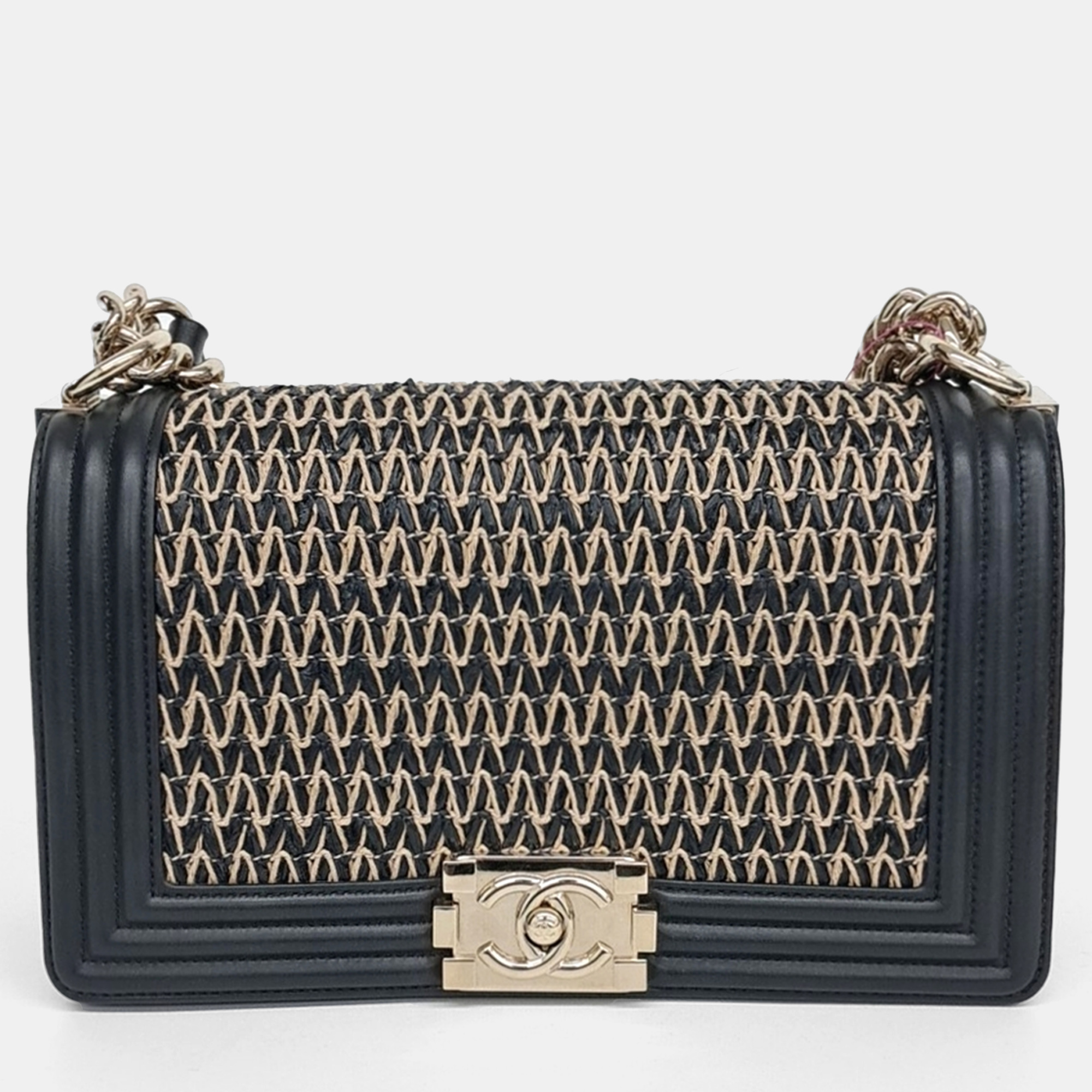 

Chanel Beige Black Leather Boy Medium Bag