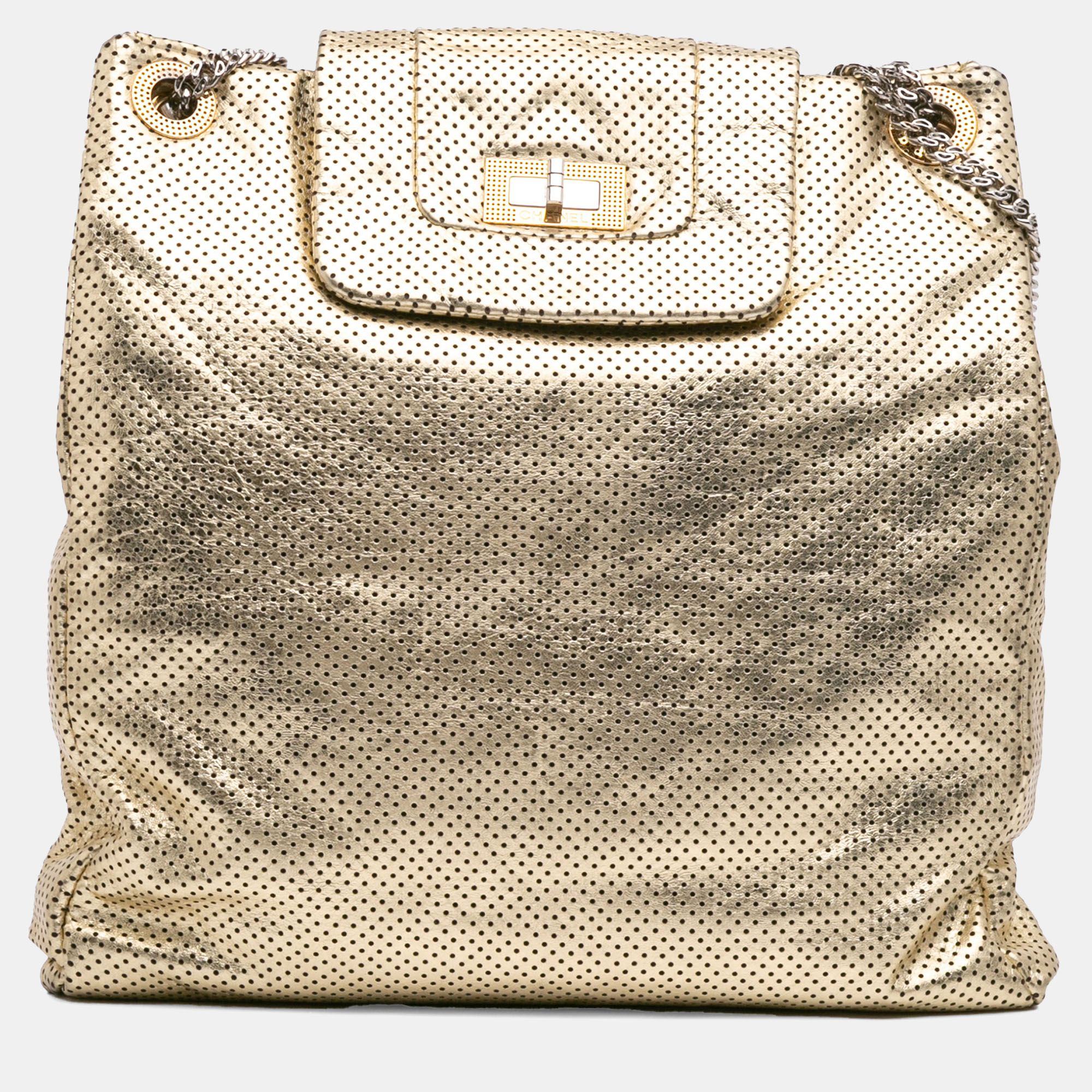 

Chanel Gold Perforated Crackled Metallic Calfskin Drill Tote