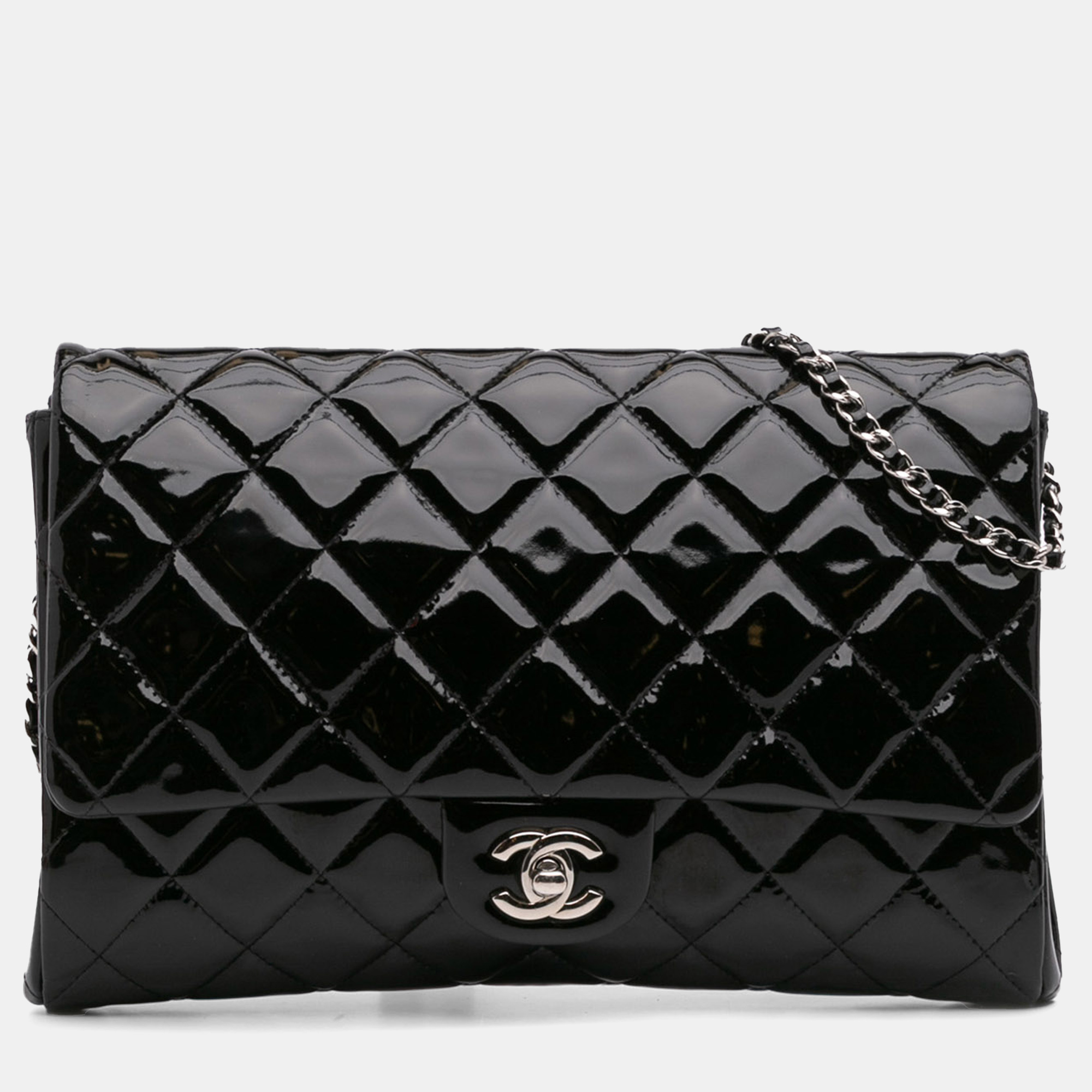 

Chanel Black CC Quilted Patent Clutch With Chain
