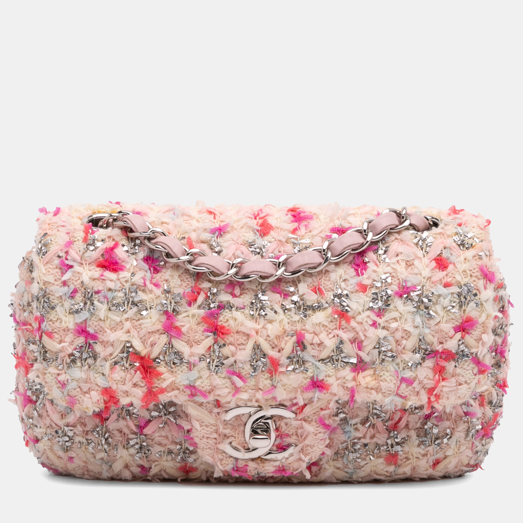 

Chanel Pink/Silver Mini Rectangular Classic Tweed Single Flap