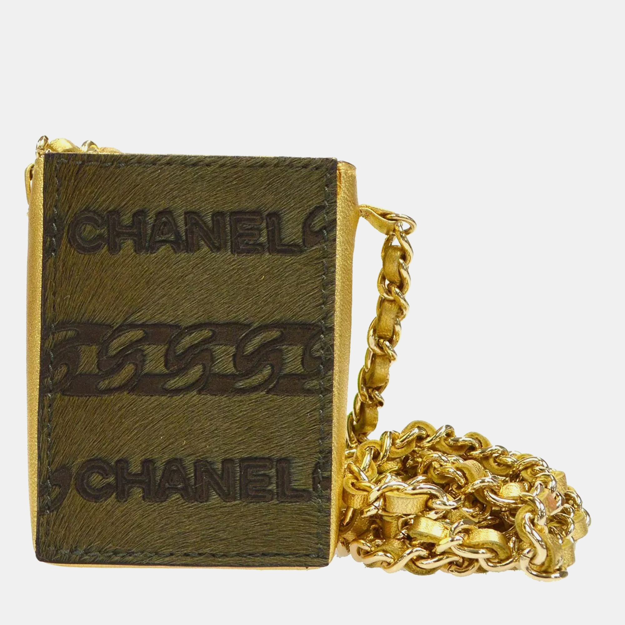 

Chanel Khaki Gold Fur Leather CC Mini Chain Shoulder Pochette