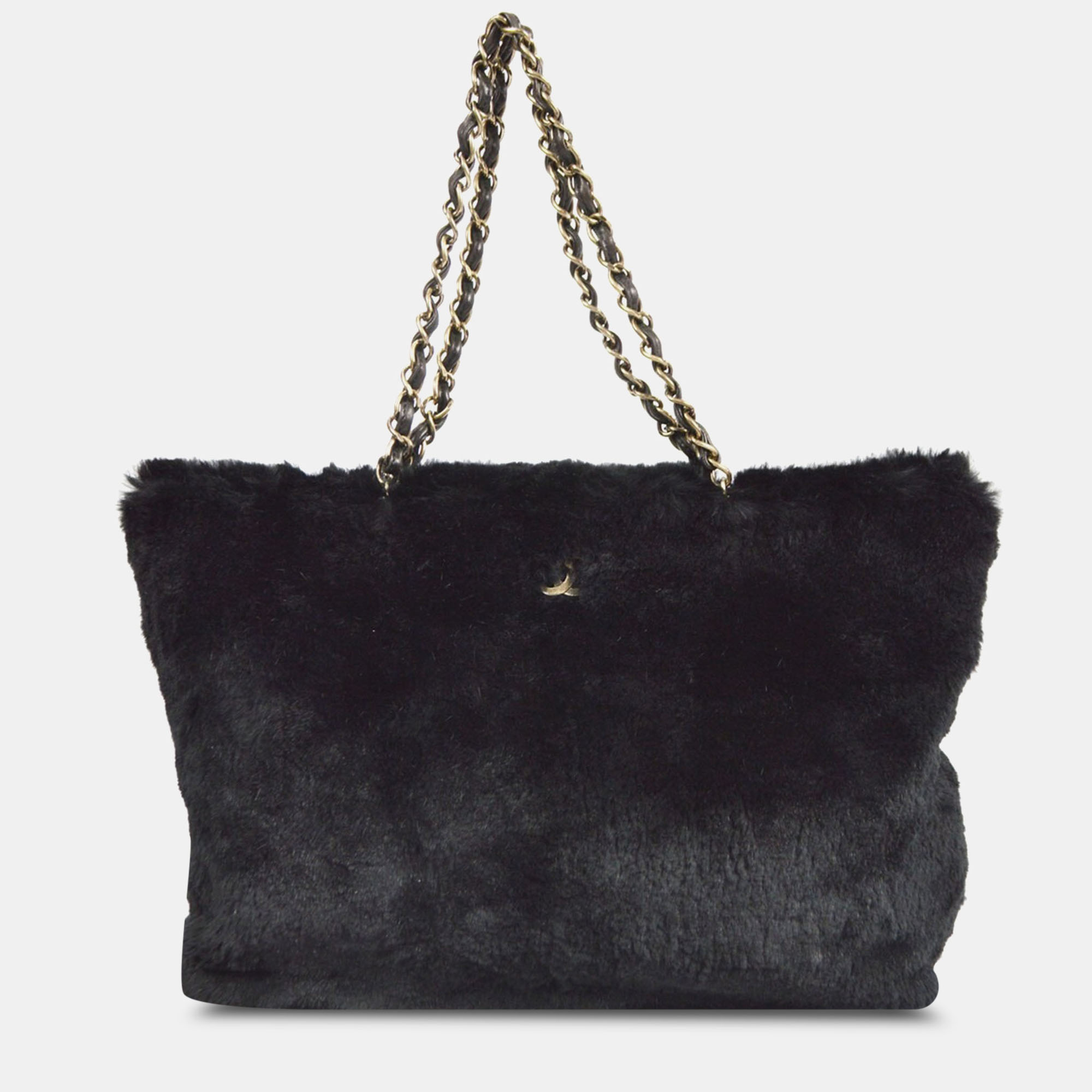 

Chanel Black Fur Leather Chain Tote Bag