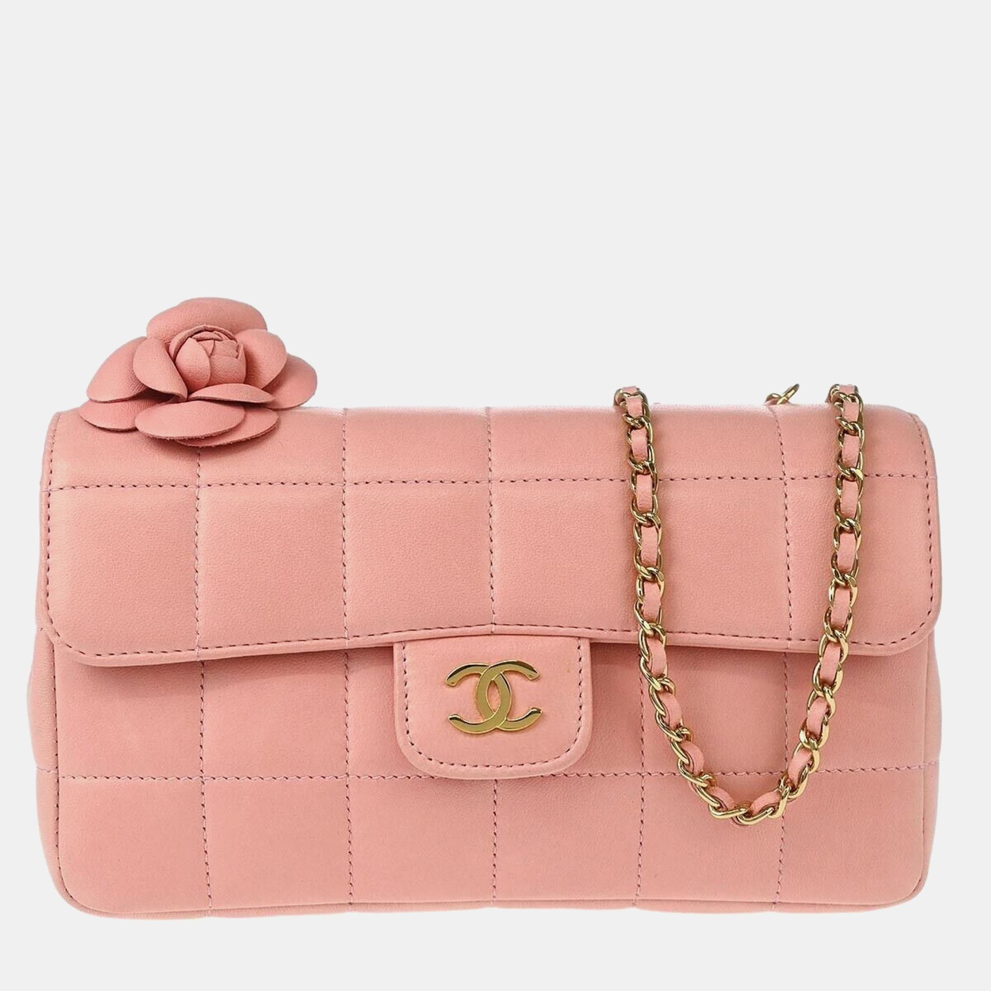 

Chanel Pink Lambskin Choco Bar Camellia Shoulder Bag