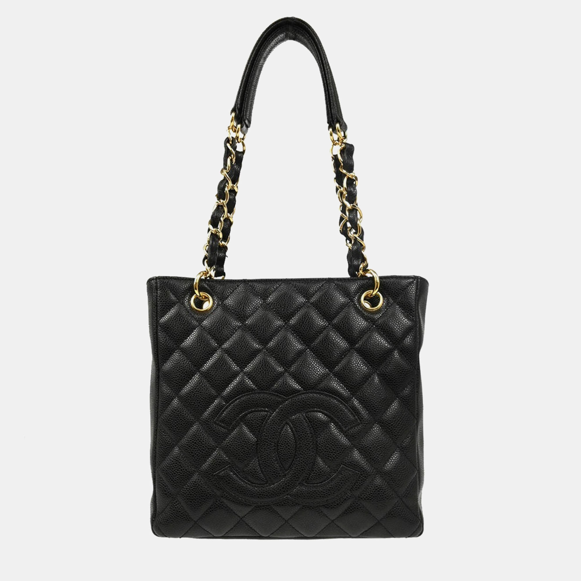 

Chanel Black Calfskin Petite Shopping Tote Pst Chain Handbag
