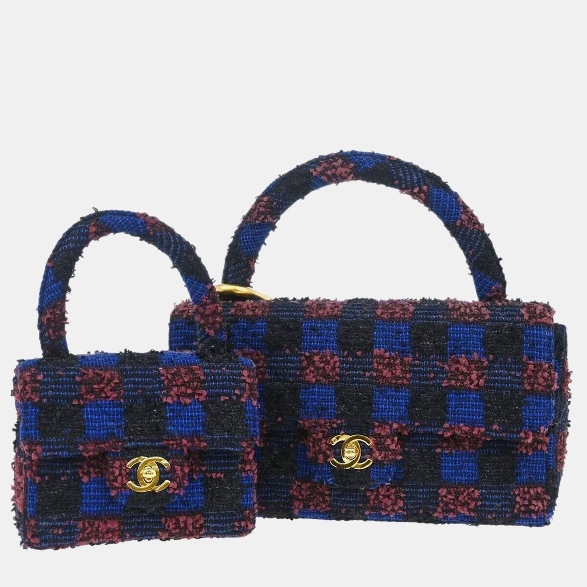 

Chanel Blue Tweed Classic Single Flap 2 In 1 Handbag Set, Black