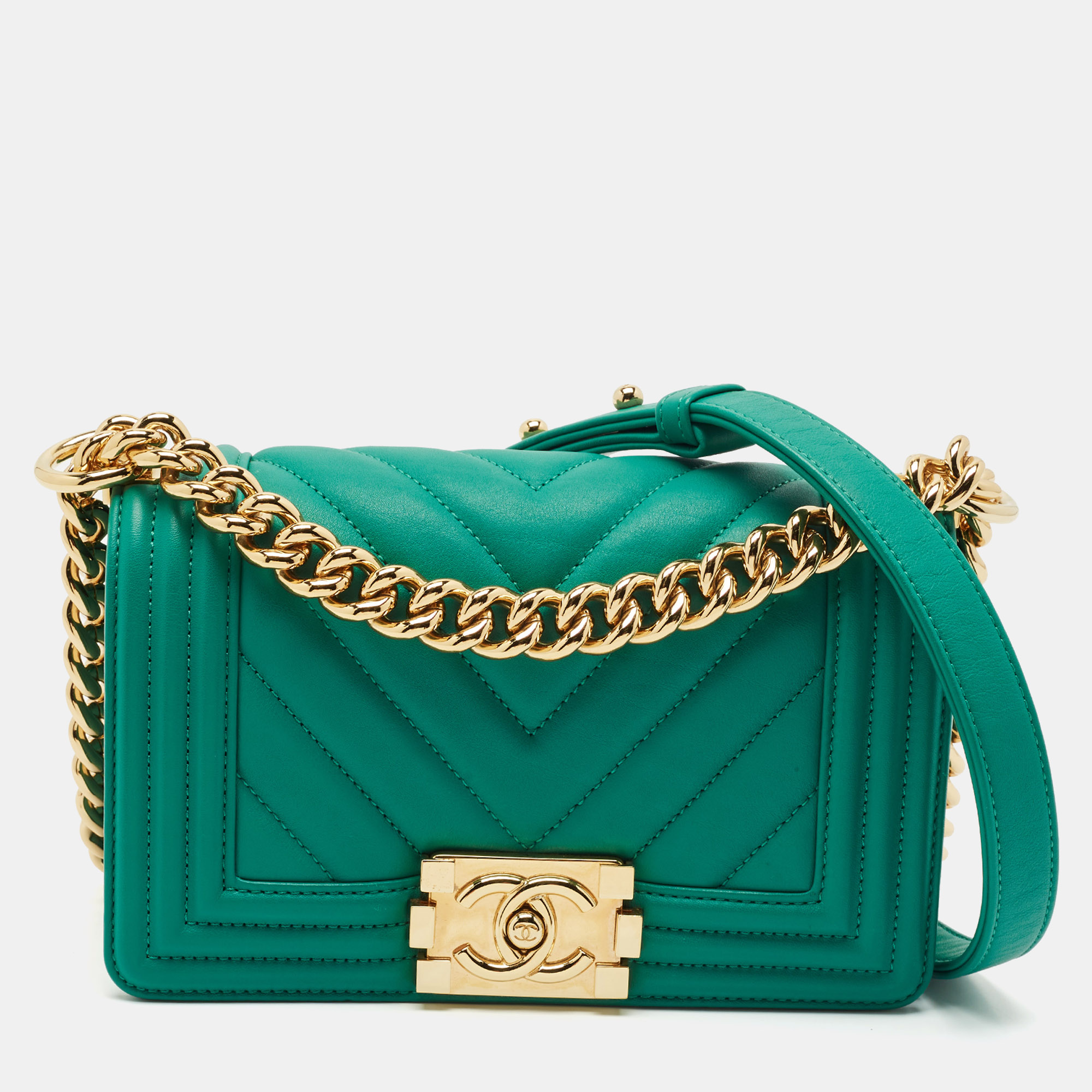 

Chanel Green Chevron Leather  Boy Flap Bag
