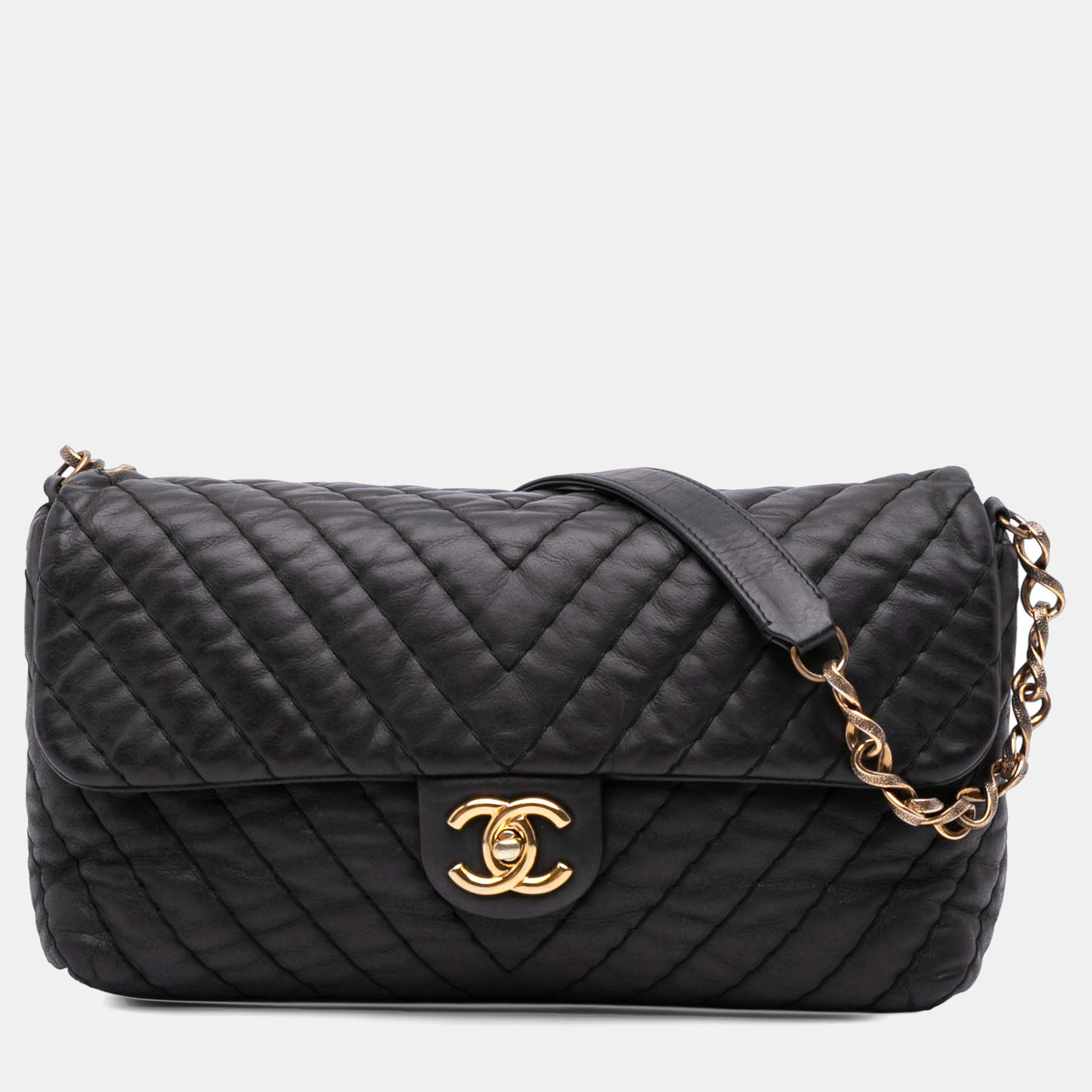 

Chanel Black Jumbo Chevron Iridescent Calfskin Surpique Flap