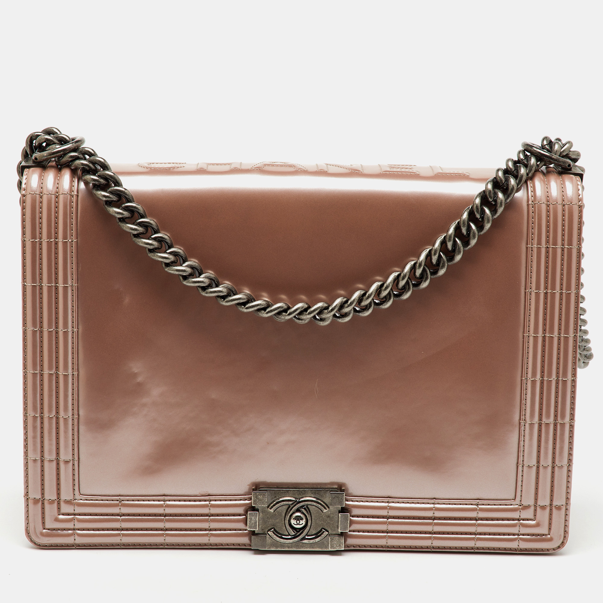 

Chanel Beige Patent Leather Large Reverso Boy Flap Bag