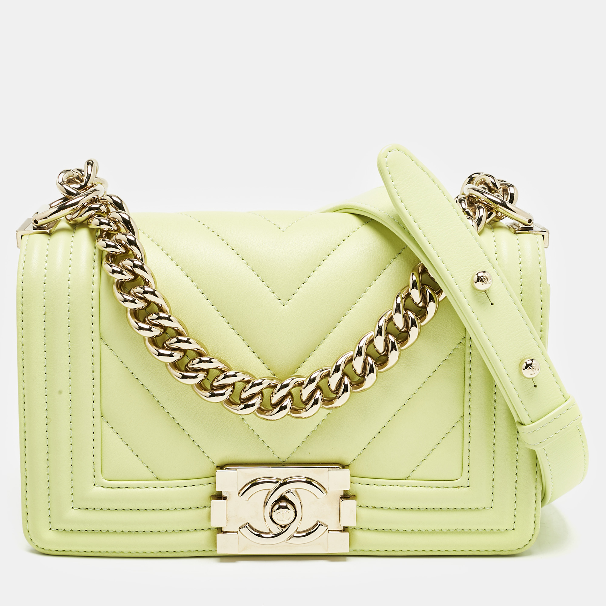

Chanel Yellow Green Chevron Leather  Boy Flap Bag