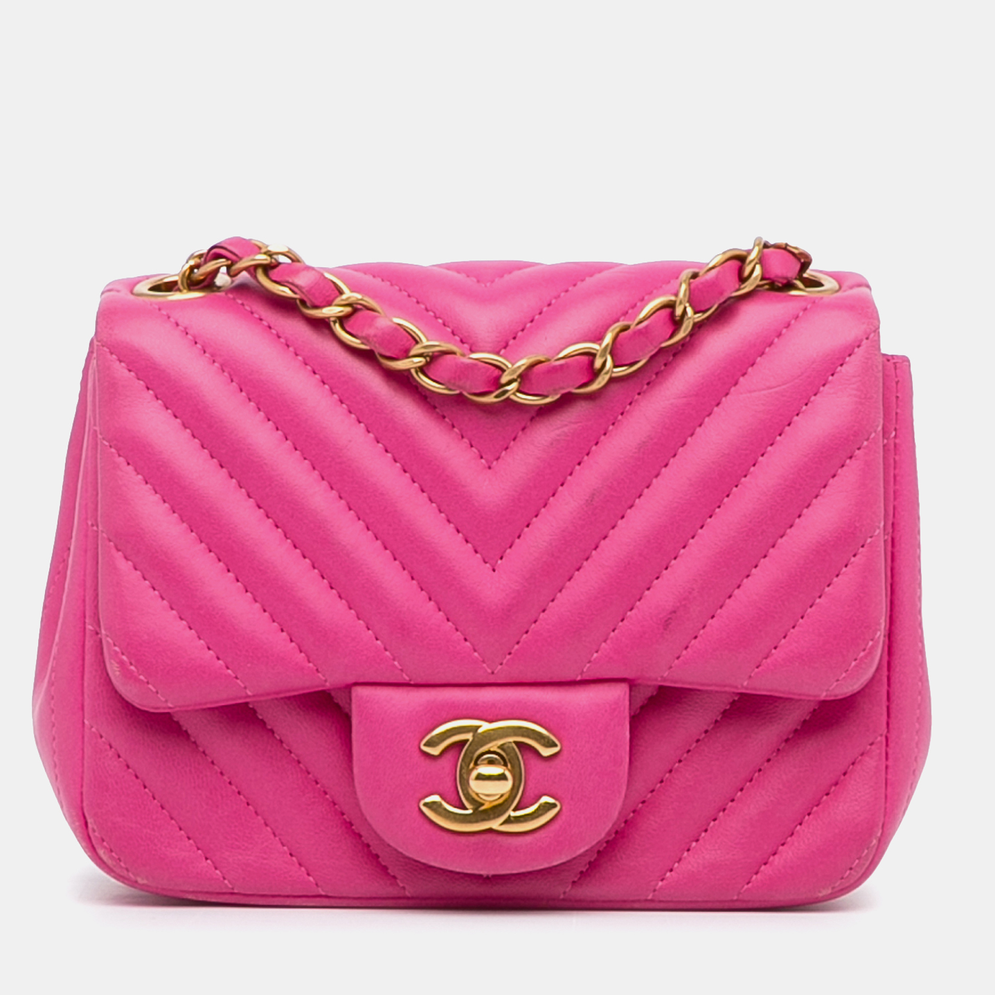

Chanel Pink Lambskin Chevron Mini Square Classic Single Flap