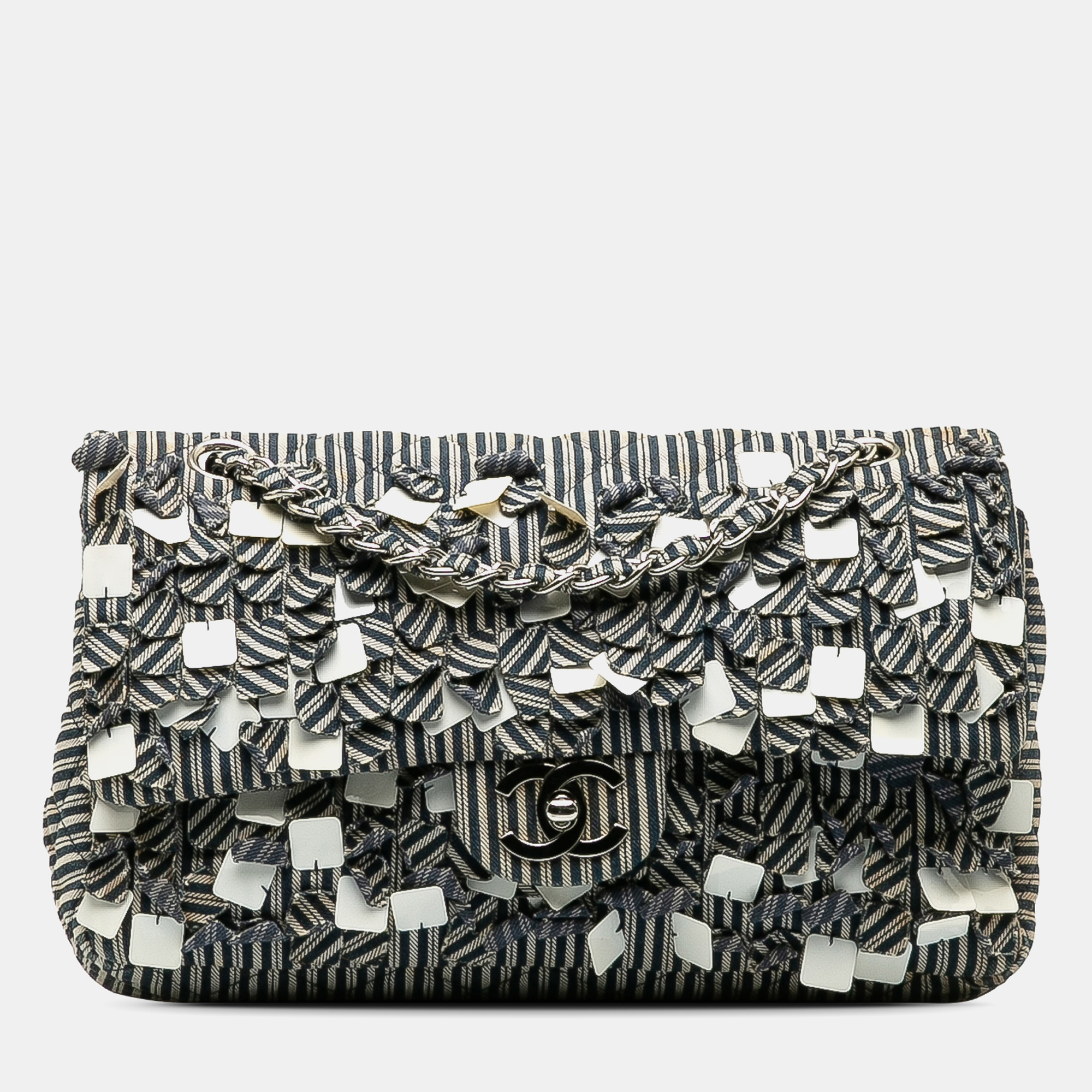 

Chanel Blue Medium Cotton Striped Double Flap