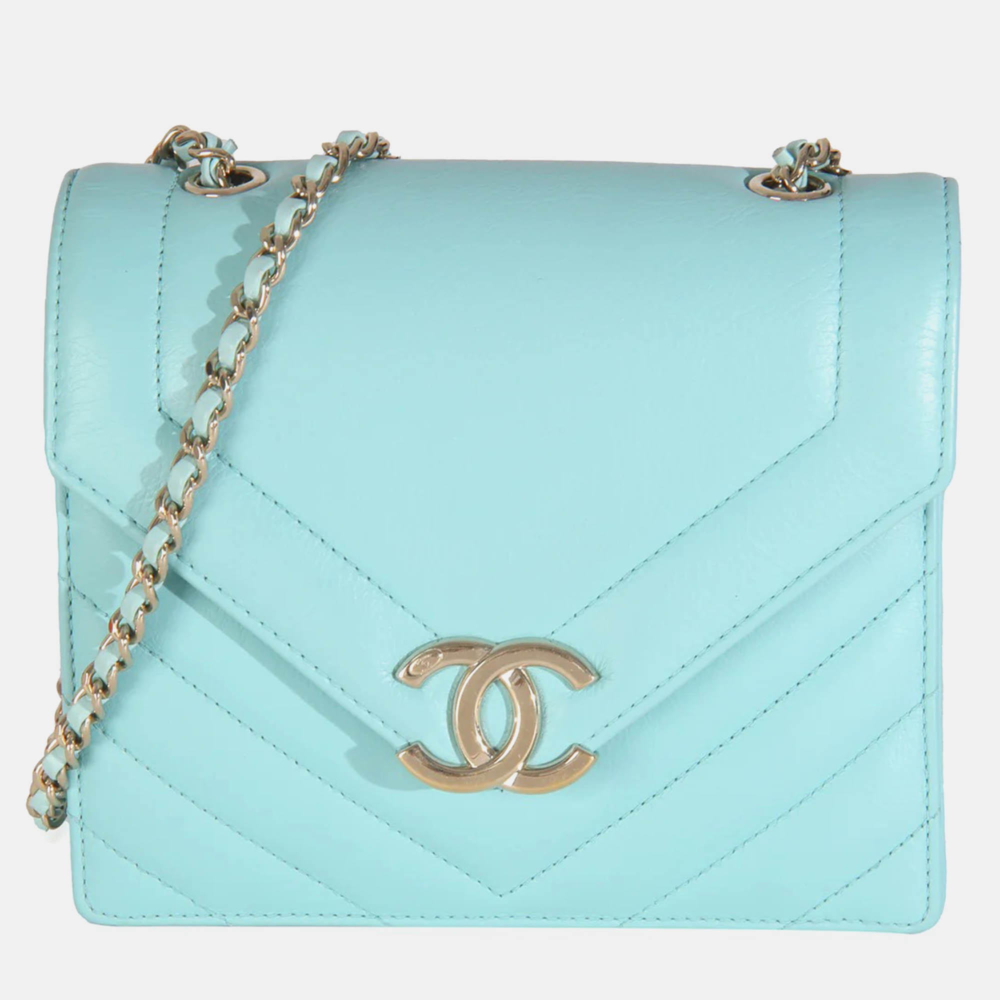 

Chanel Blue Turquoise Chevron Calfskin Envelope Flap Bag