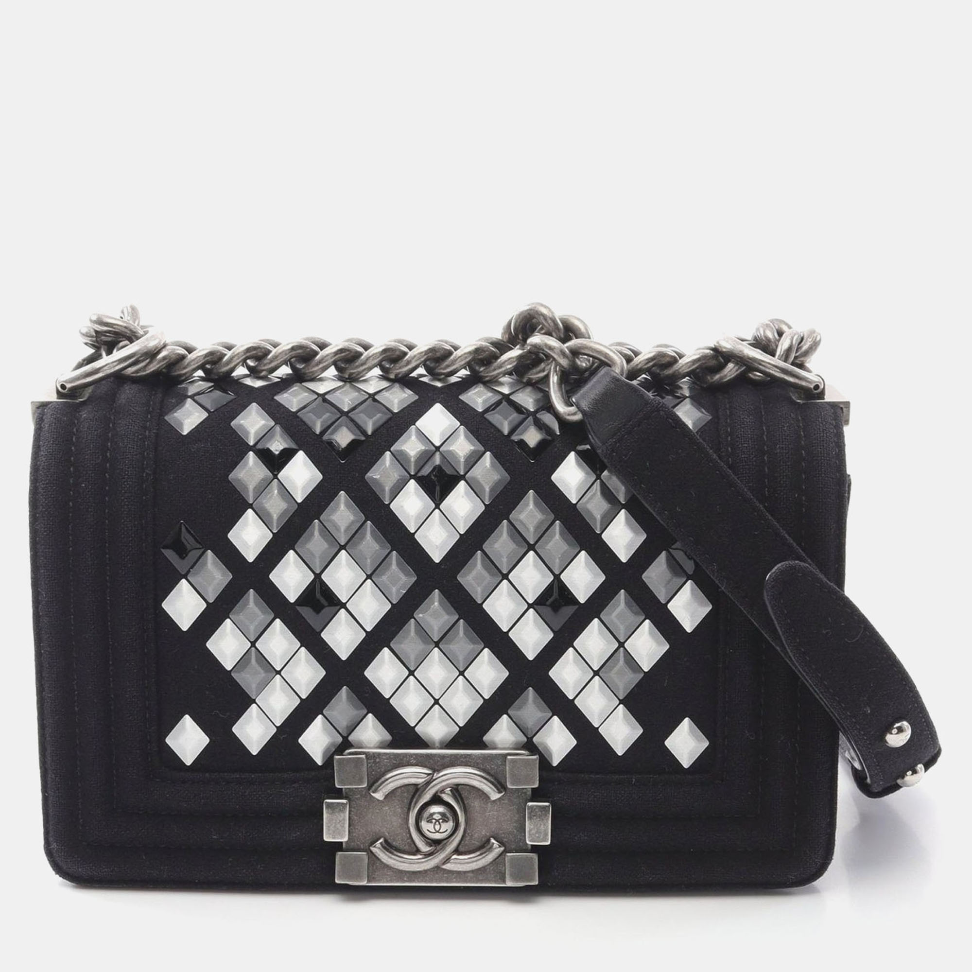 

Chanel Black Canvas Leather Small CC Boy Chanel Chain Shoulder Bag