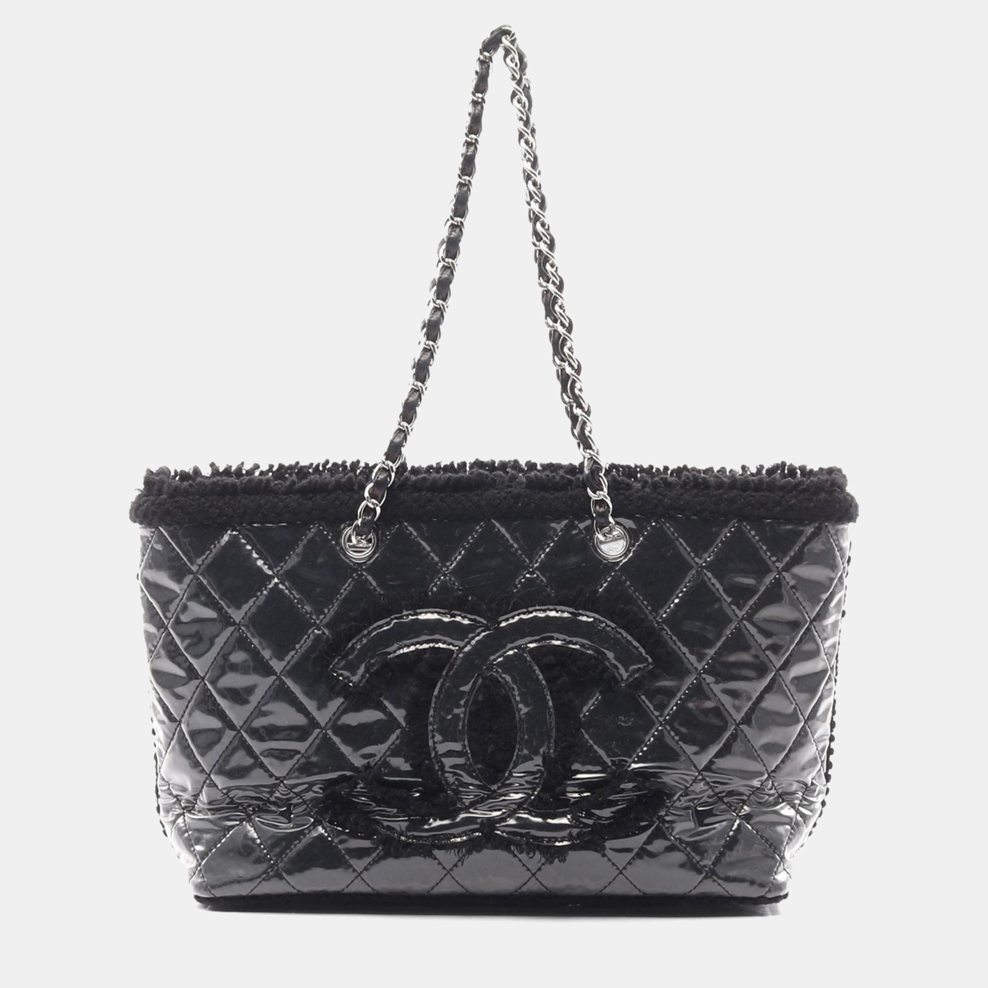 

Chanel Black Plastics Wool Funny Tweed Chain Tote Bag