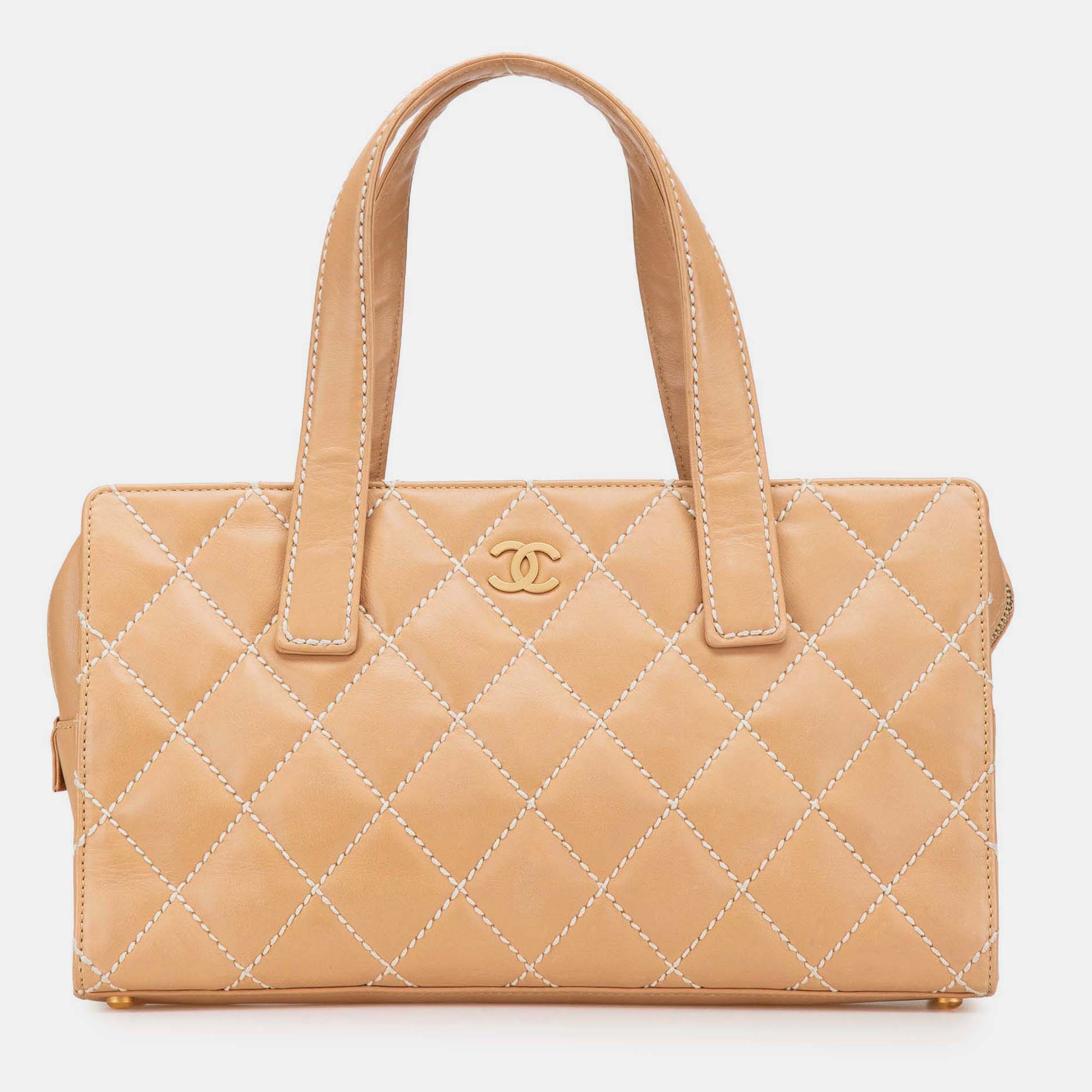 

Chanel Beige/Brown CC Lambskin Wild Stitch Handbag