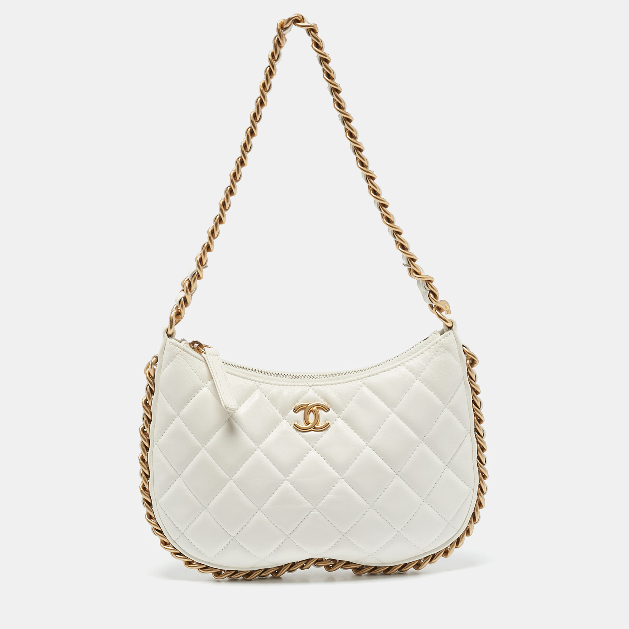 

Chanel White Quilted Leather CC Chain Around Hobo