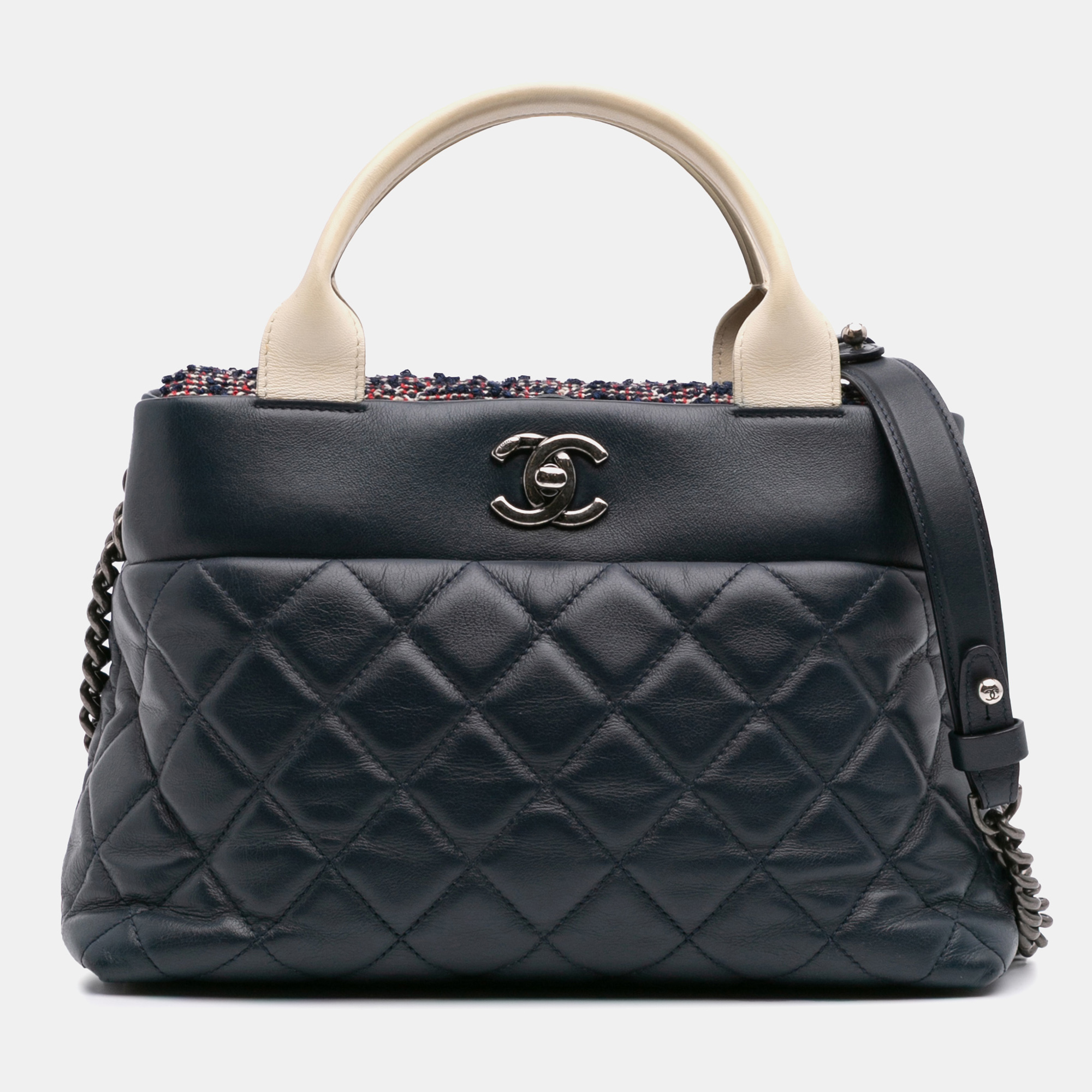 

Chanel Navy Blue Small Quilted Calfskin and Tweed Top Handle Tote