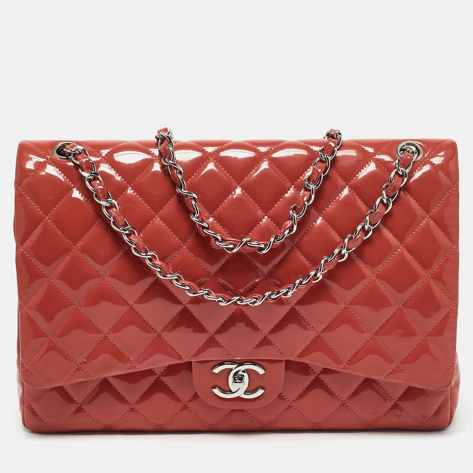 

Chanel Coral Red Quilted Patent Leather Maxi Classic Double Flap Bag
