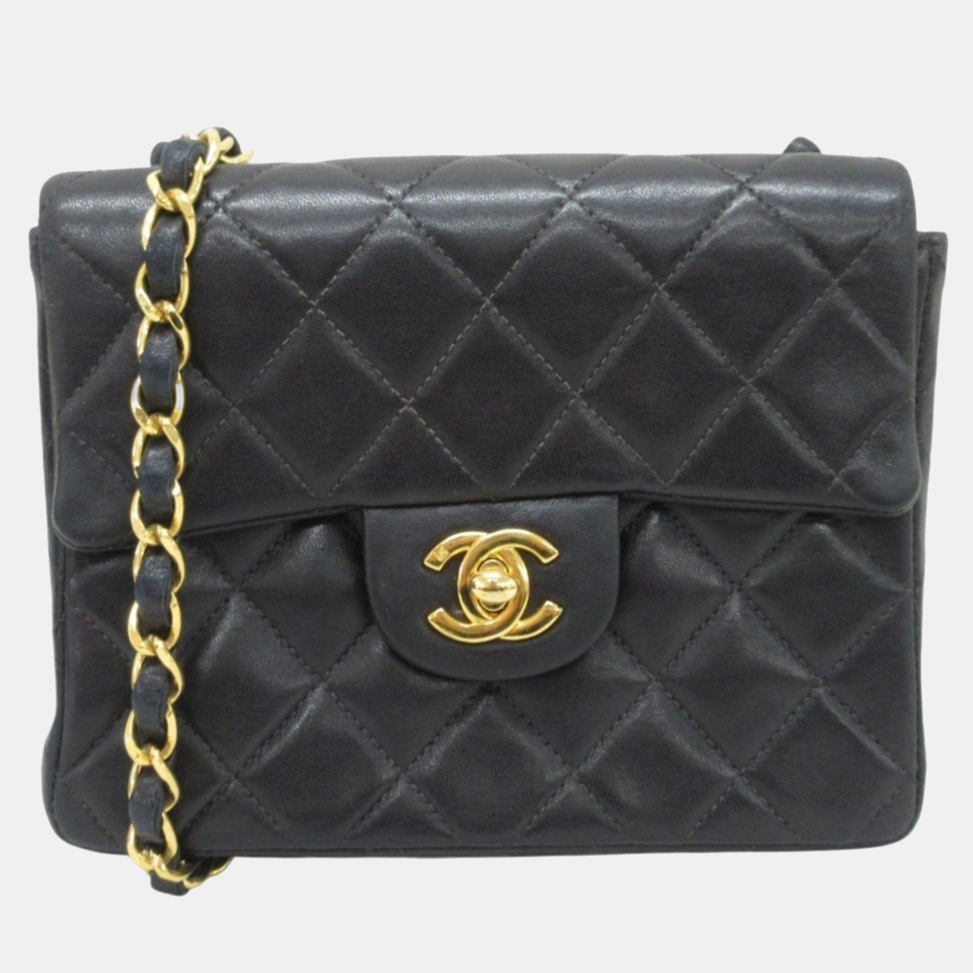 

Chanel Lamb Leather Turnlock Coco Mark Matelasse Mini Square Chain Shoulder Bag Black