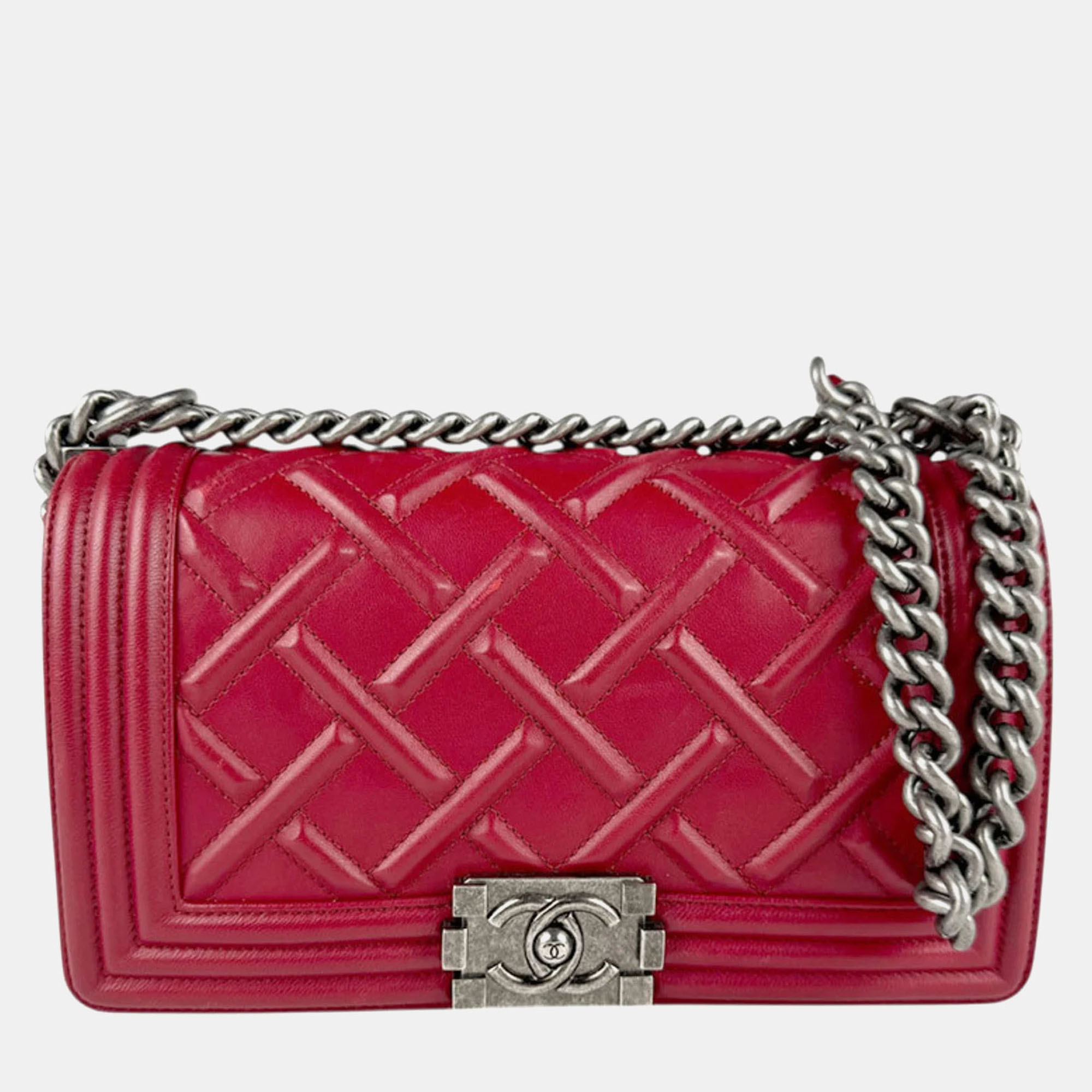 

Chanel Red Leather Boy Metal Shoulder Bag