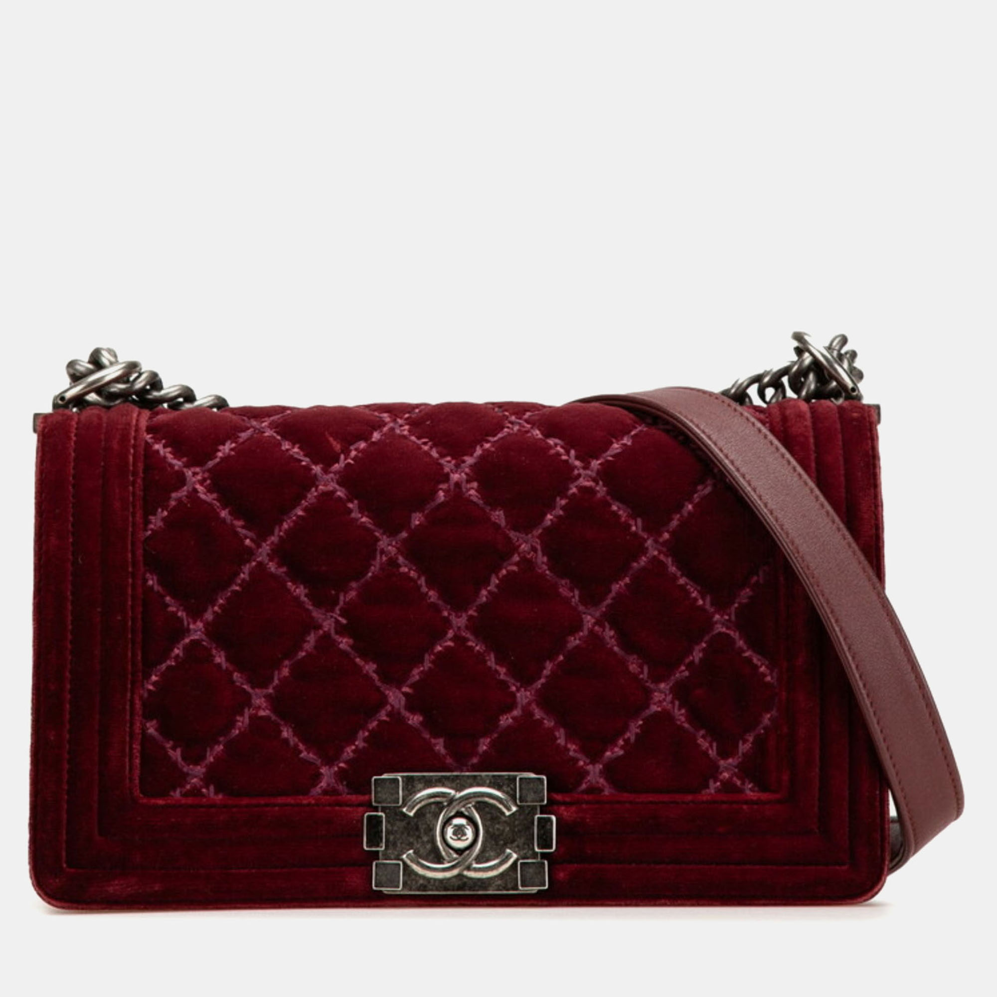 

Chanel Boy 25 Coco Mark Chain Shoulder Bag Wine Red Velour