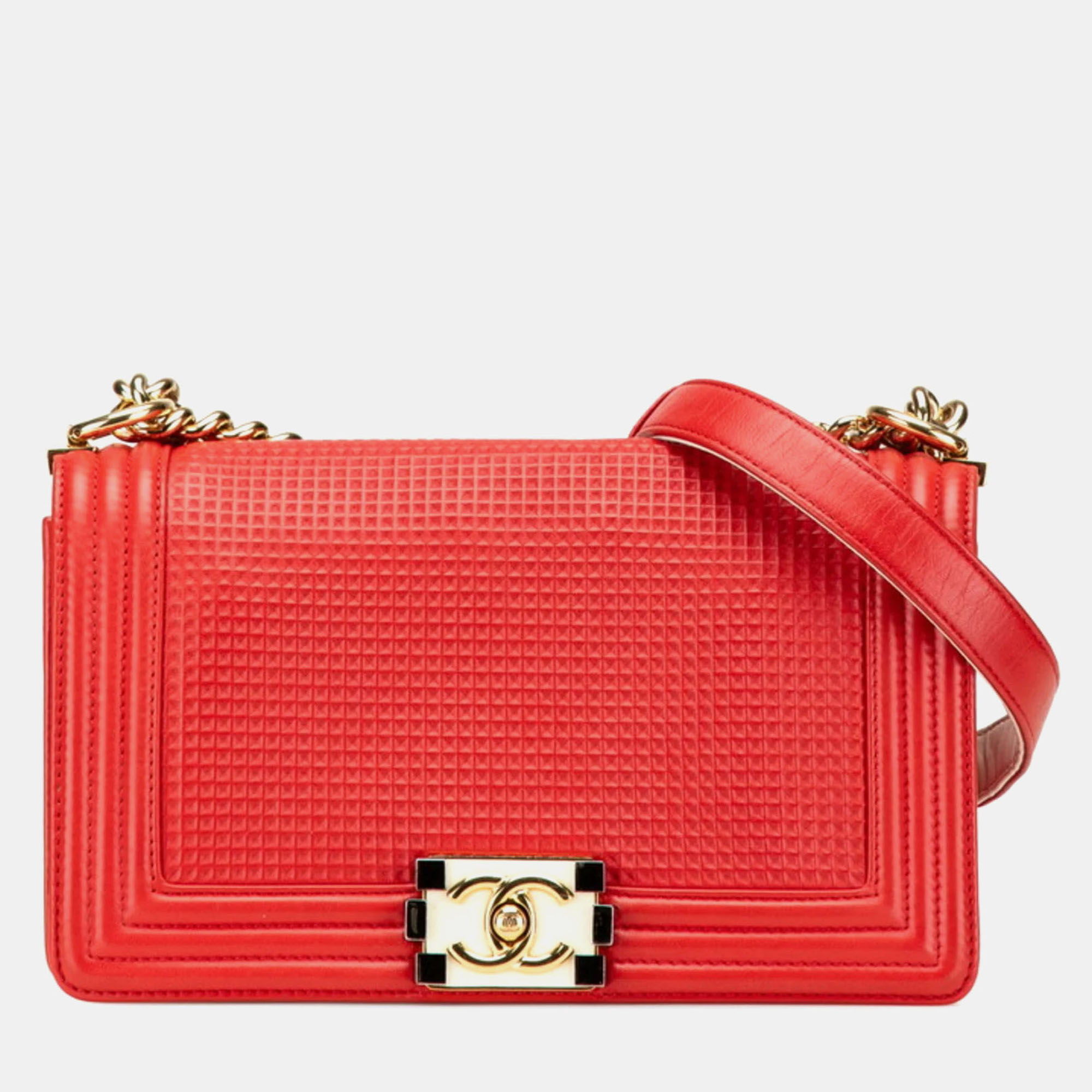 

Chanel Boy Chanel 25 Coco Mark Waffle Chain Shoulder Bag Red Lambskin