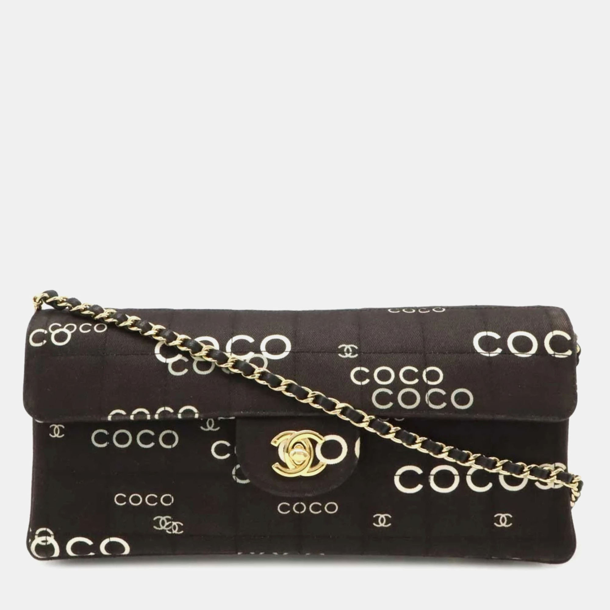 

Chanel Chocolate Bar Coco Print Chain Shoulder Bag Leather Canvas Black