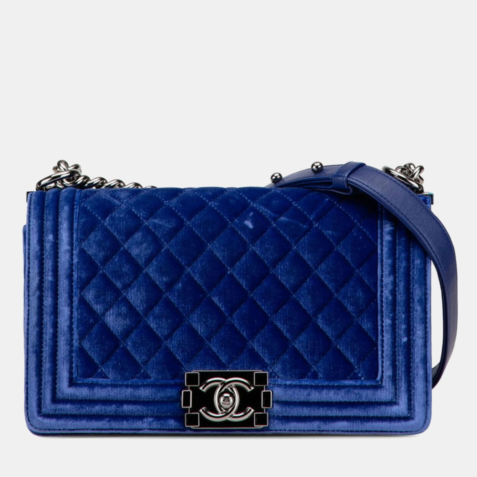 

Chanel Matelasse Boy Coco Mark Chain Shoulder Bag Blue Velour Leather