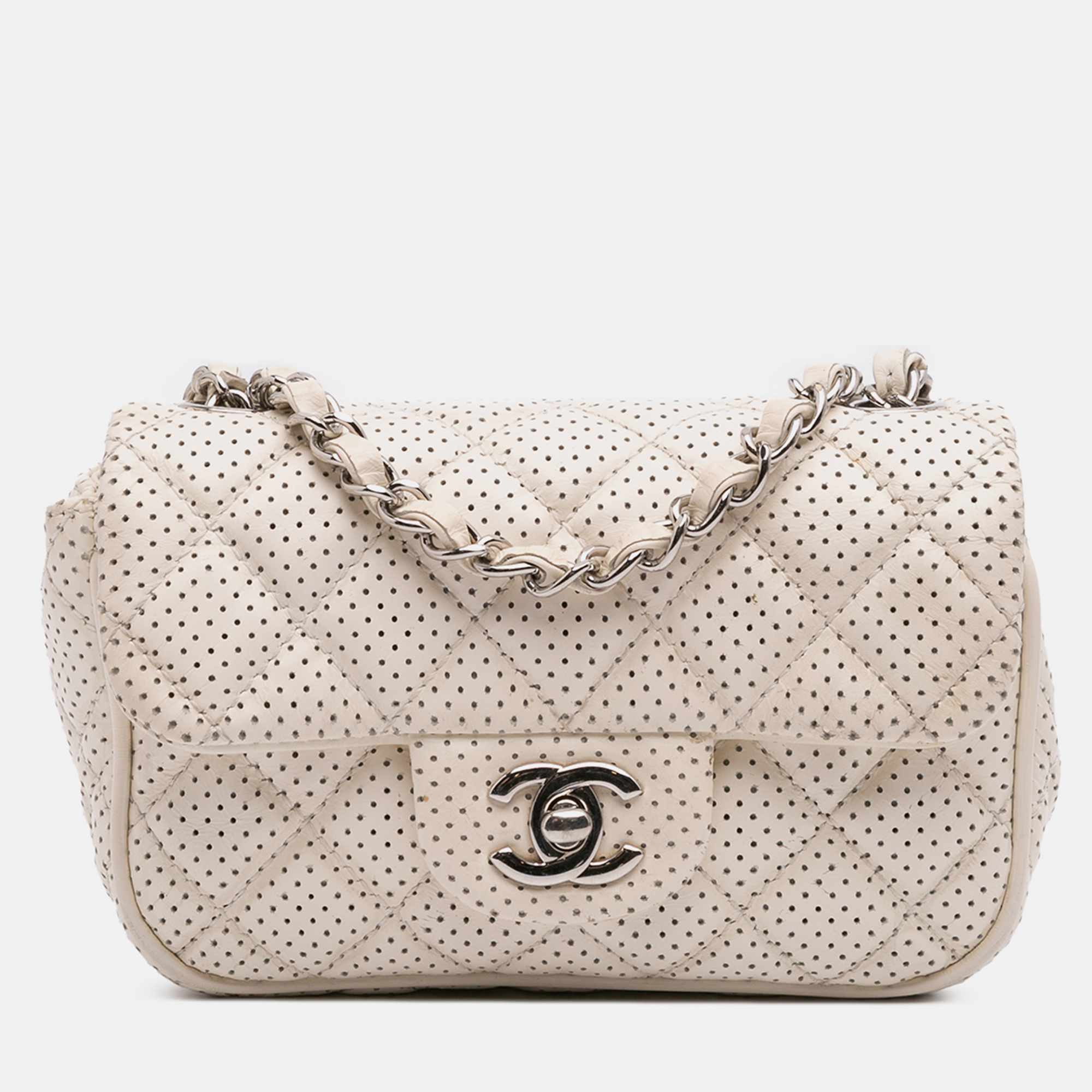 

Chanel White Mini Perforated Lambskin Punch Flap