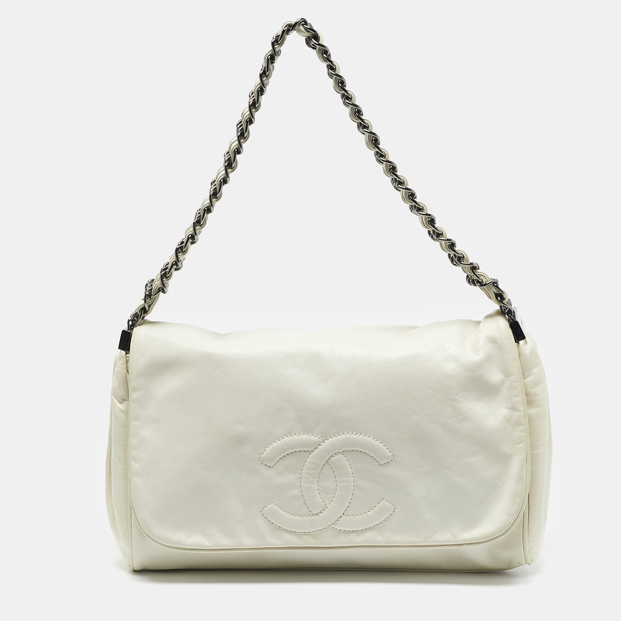 

Chanel White Leather Triple Chain Flap Bag