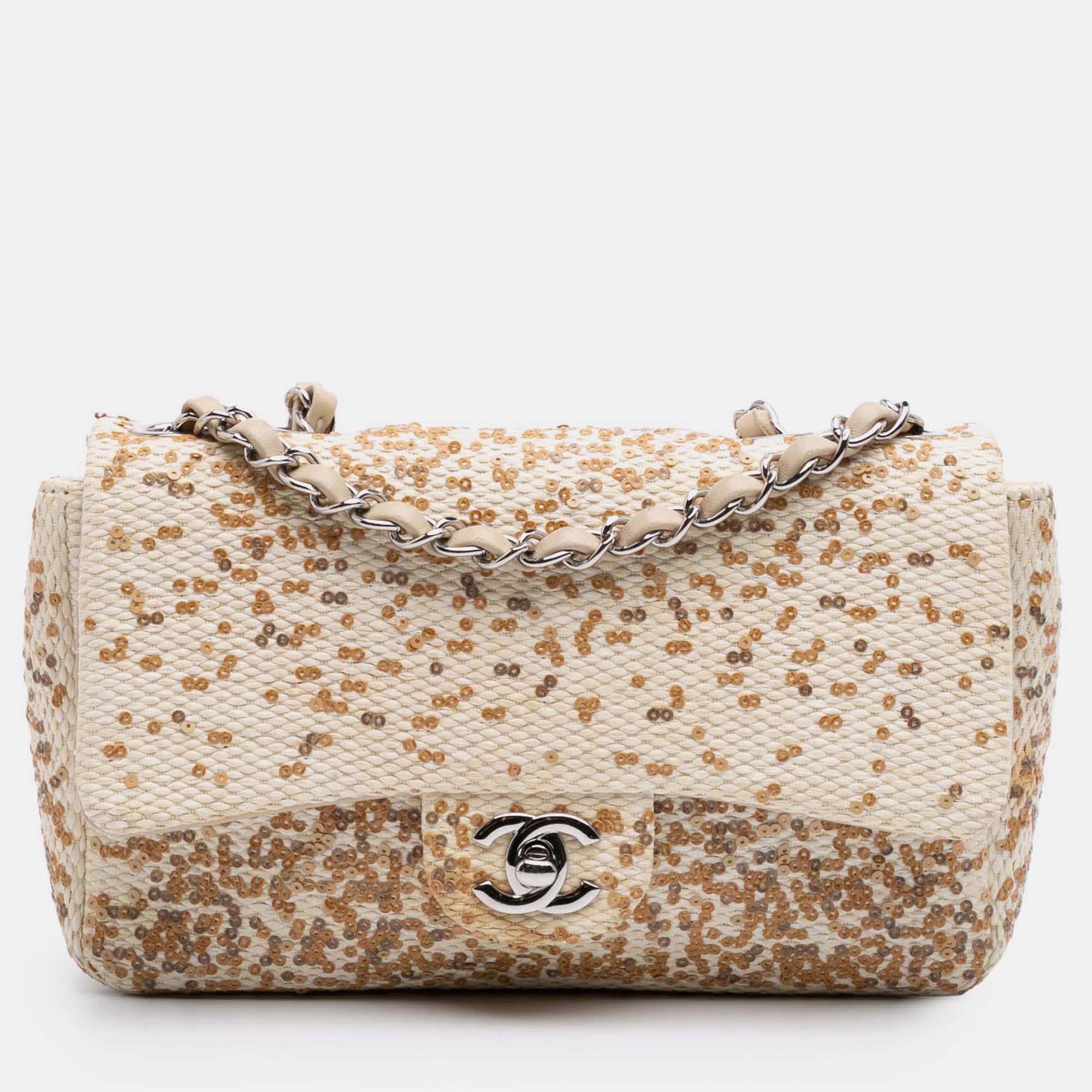 

Chanel Beige/Brown Small Raffia Sequin Single Flap