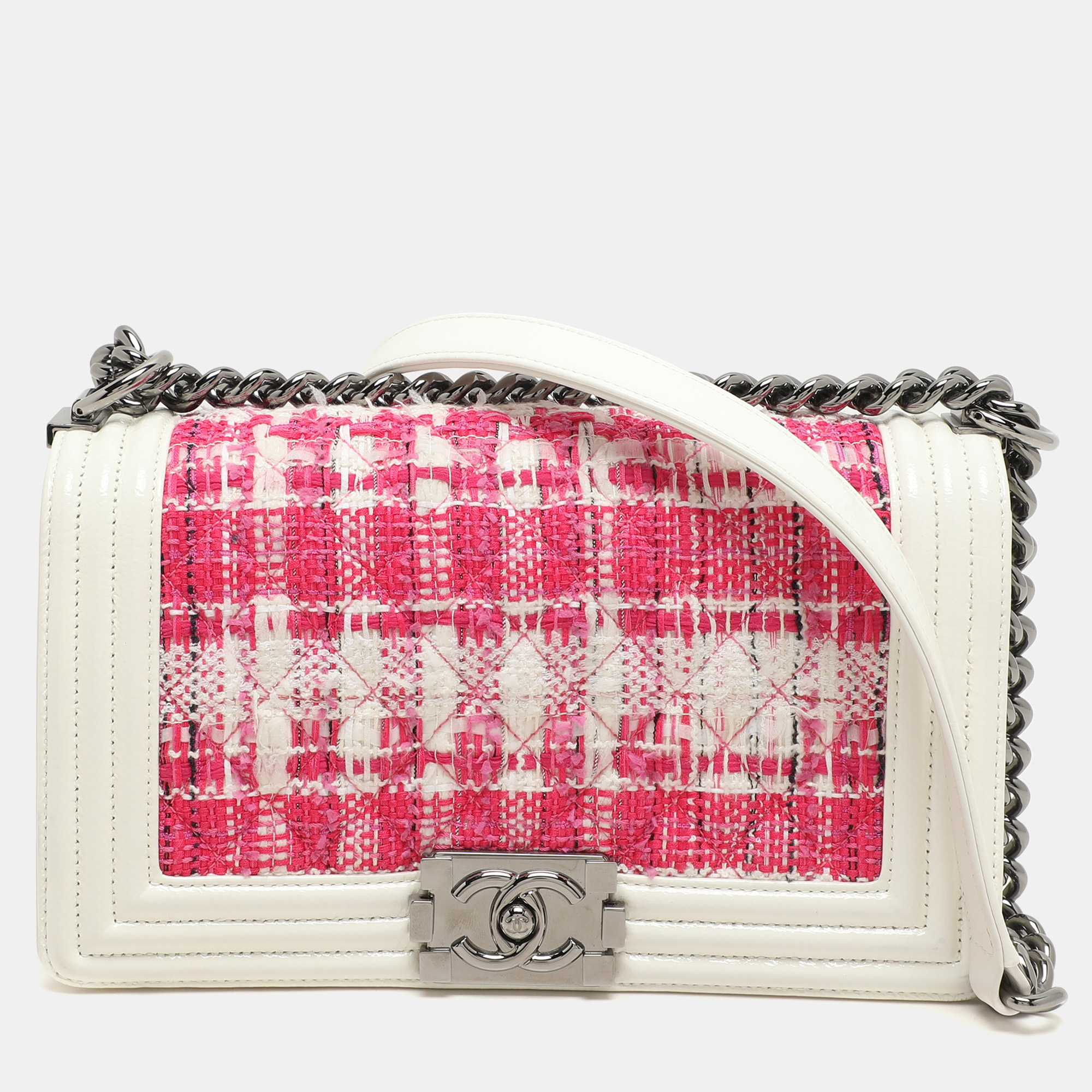 

Chanel White/Pink Patent and Tweed Medium Boy Flap Bag