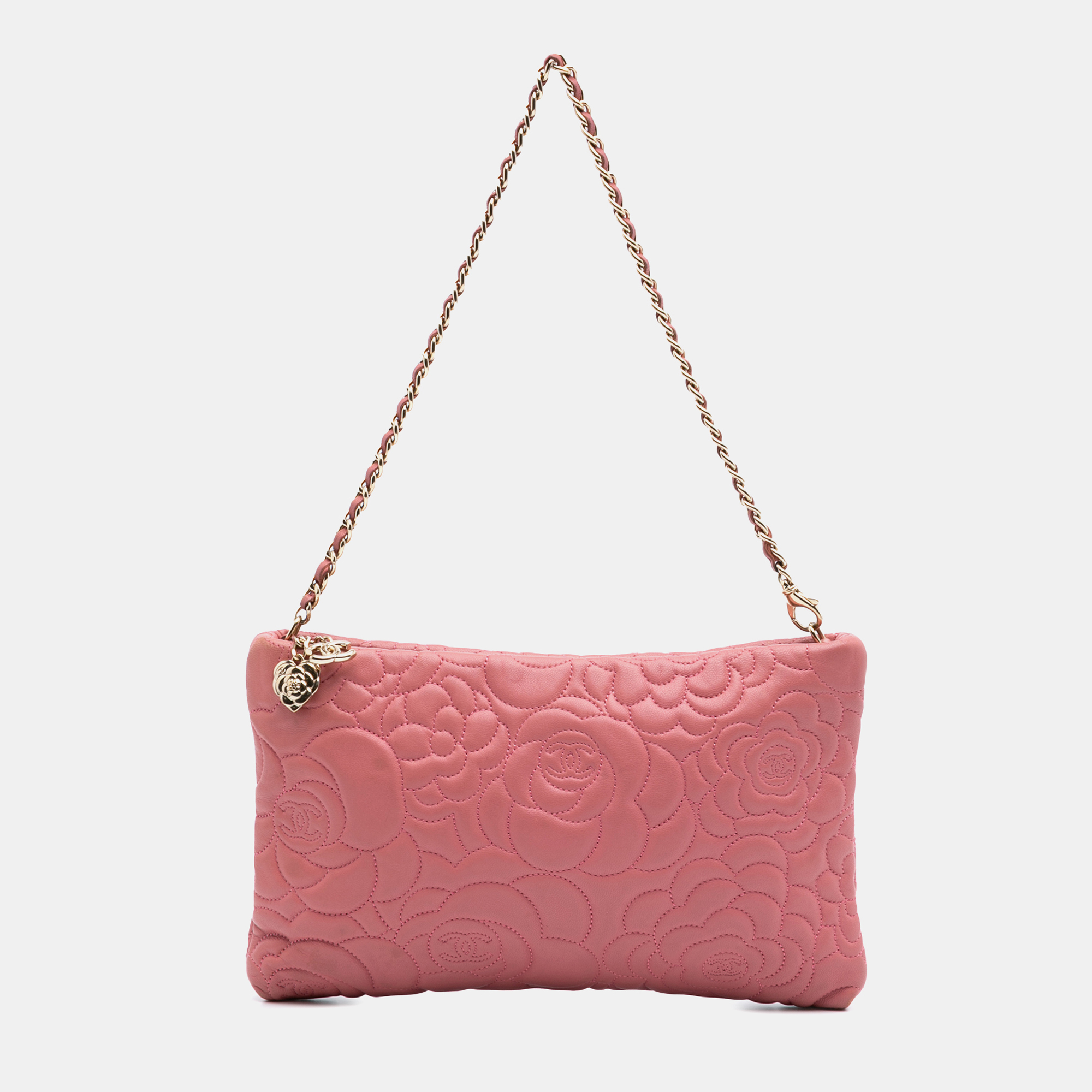 

Chanel Pink Embossed Lambskin Camellia Chain Pochette