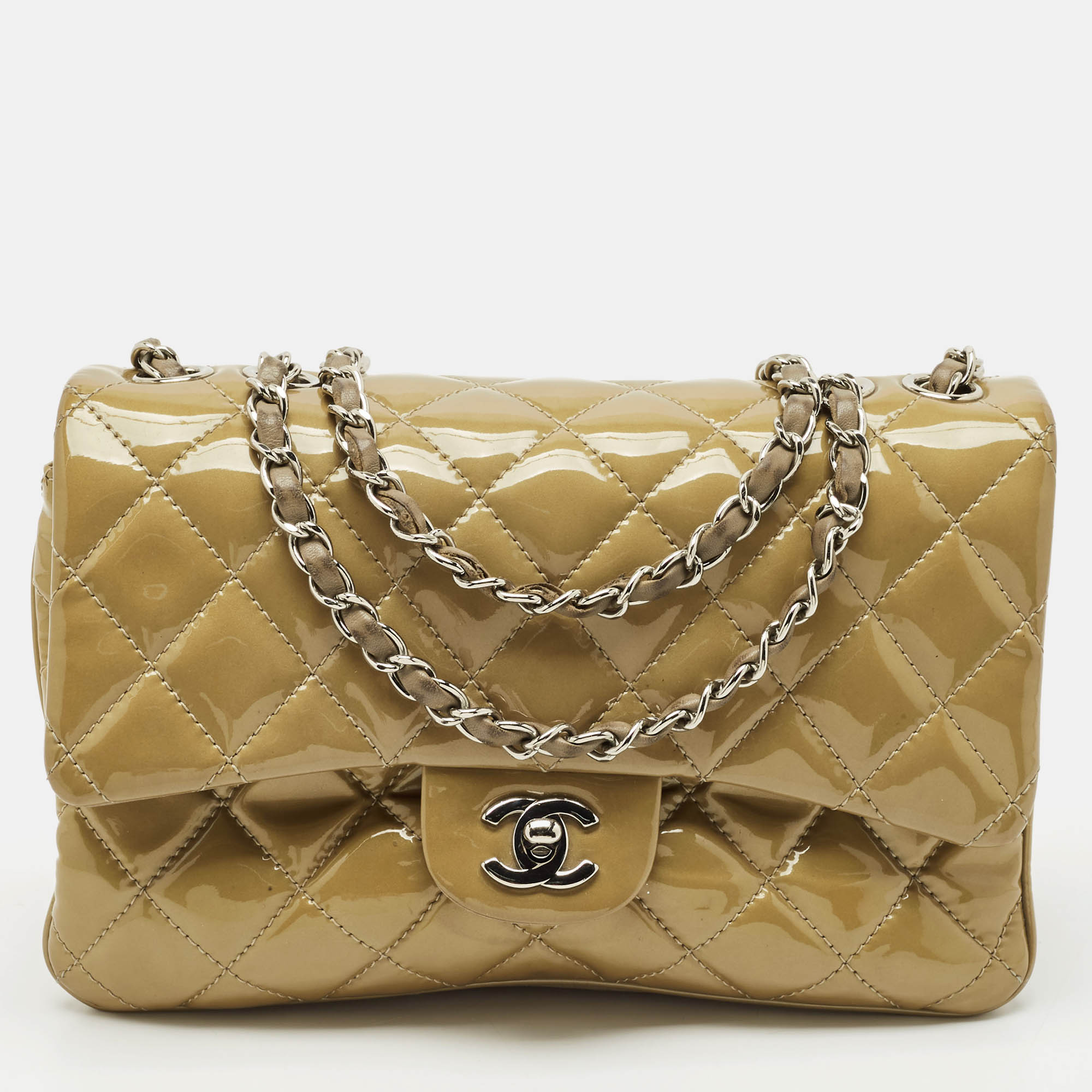

Chanel Beige Quilted Patent Leather 3 Compartment Classic Flap Bag