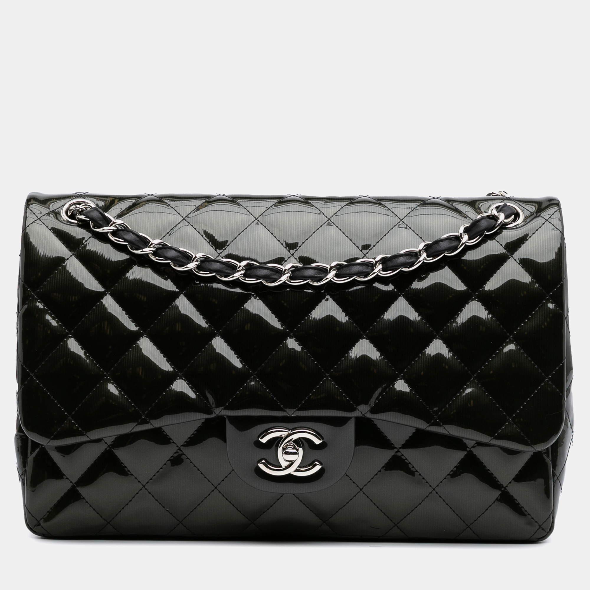 

Chanel Black Jumbo Classic Striped Patent Double Flap