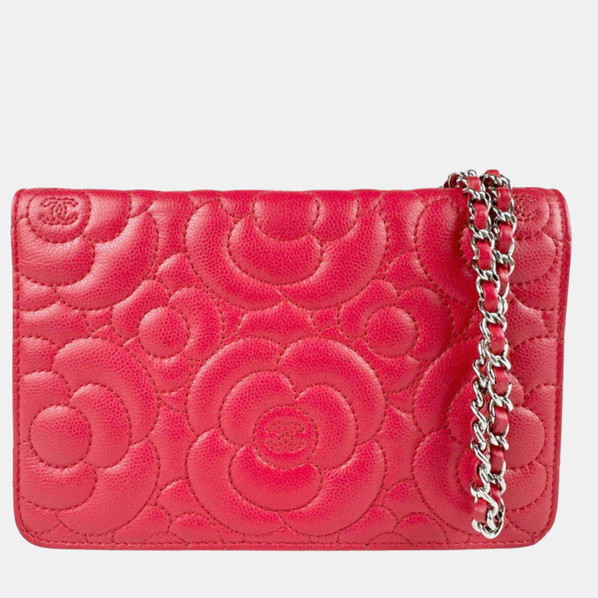 

Chanel Red Leather Camellia Embossed Chain Wallet Crossbody Bag