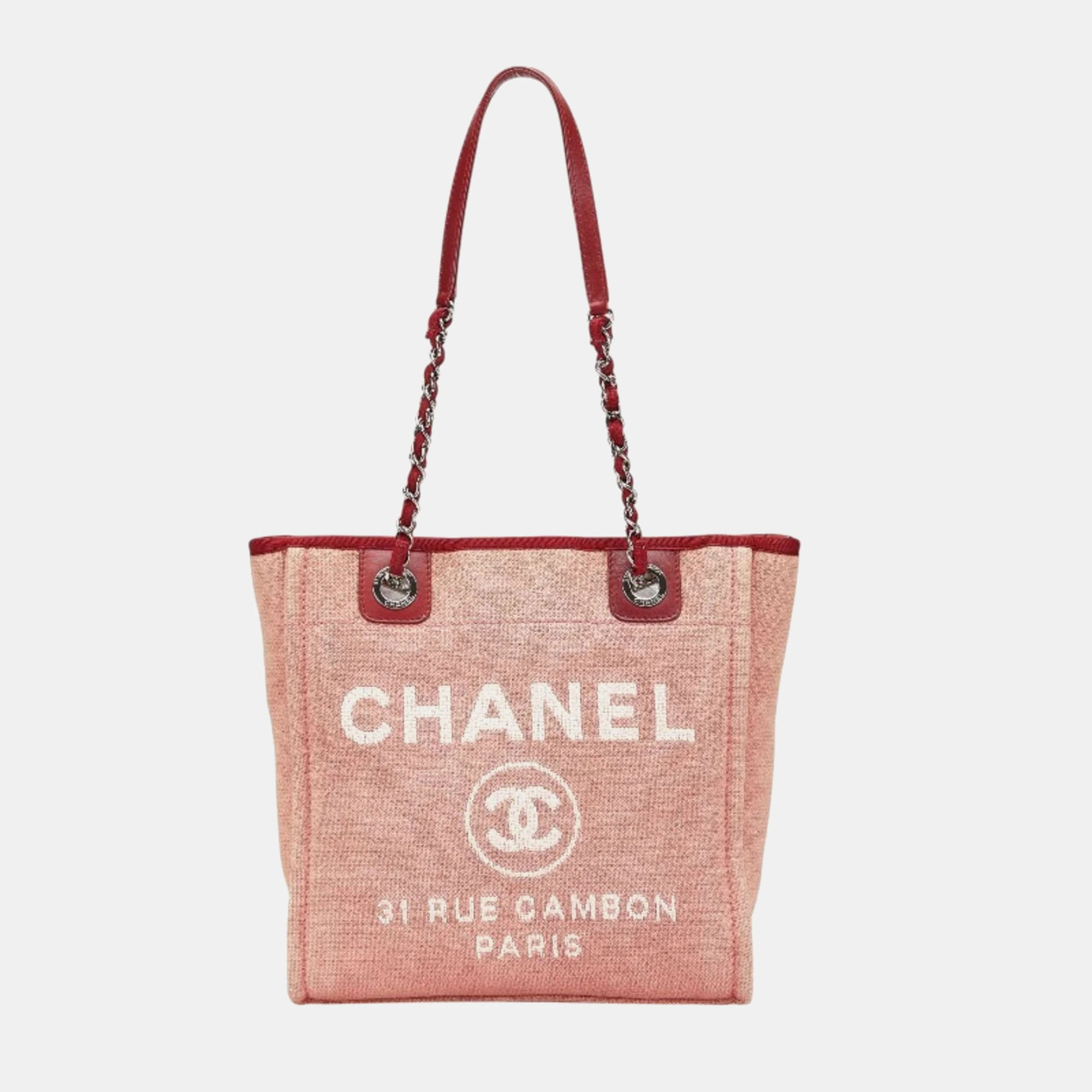 

Chanel Pink Canvas Leather Deauville Pm Tote Bag