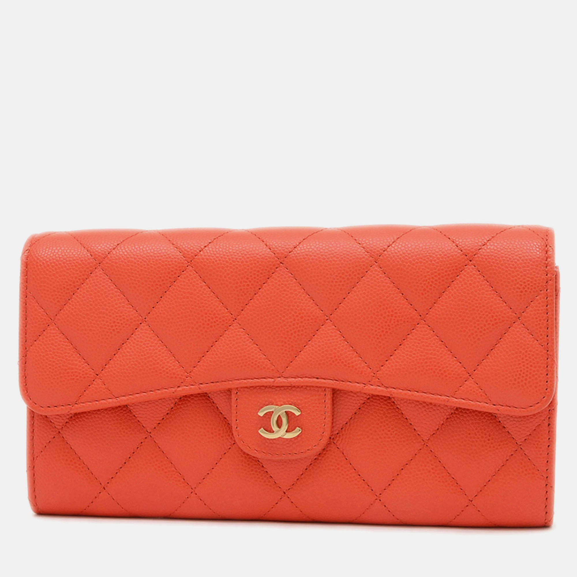 

Chanel Orange Caviar Matelasse Long Flap Wallet