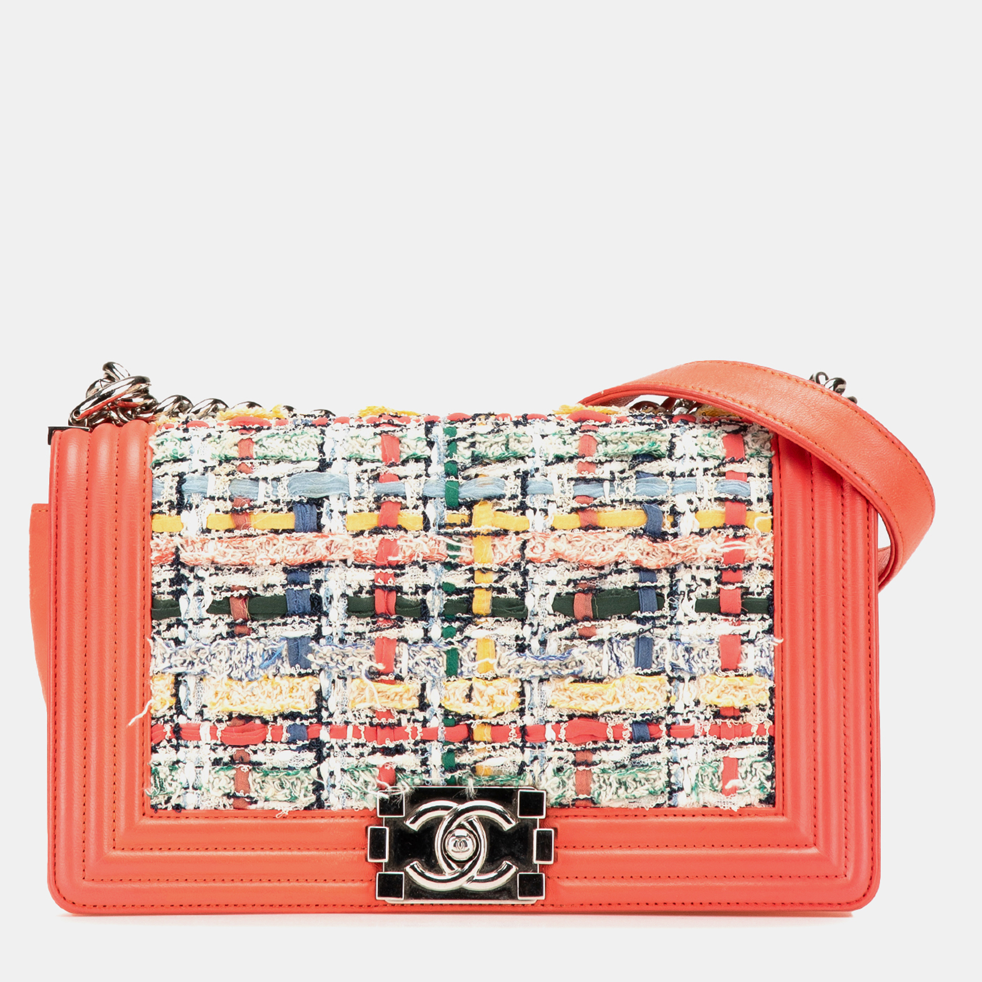 

Chanel Orange Medium Tweed and Lambskin Boy Flap