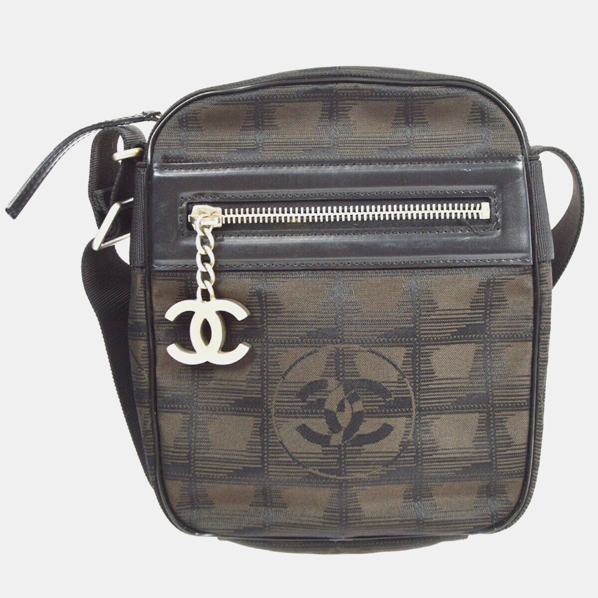 

Chanel Brown Jacquard Nylon Travel Line Shoulder Bag, Black