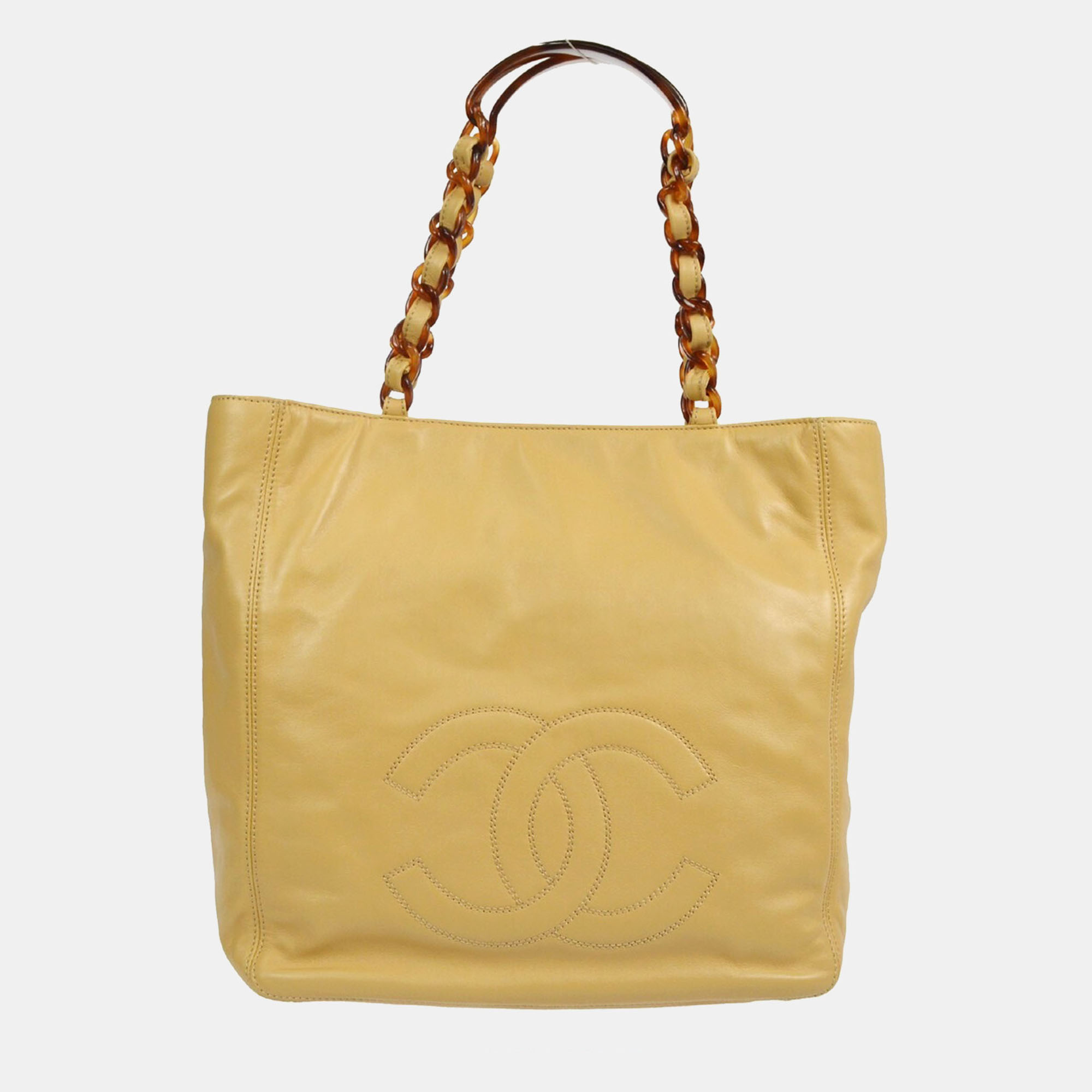 

Chanel Beige Lambskin Plastic Chain Tote Handbag