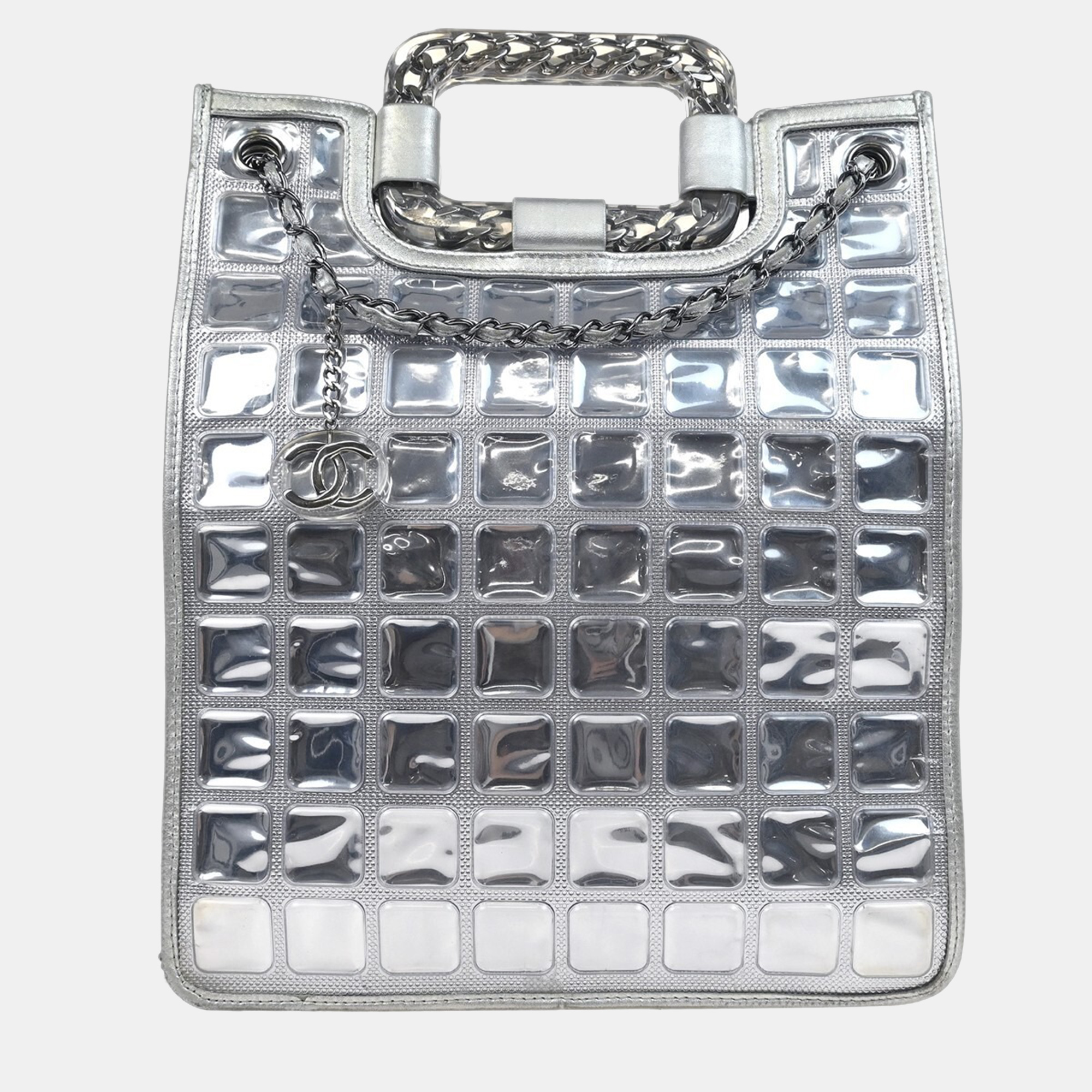 

Chanel Silver Leather Vinyl Ice Cube Tote 2Way Handbag