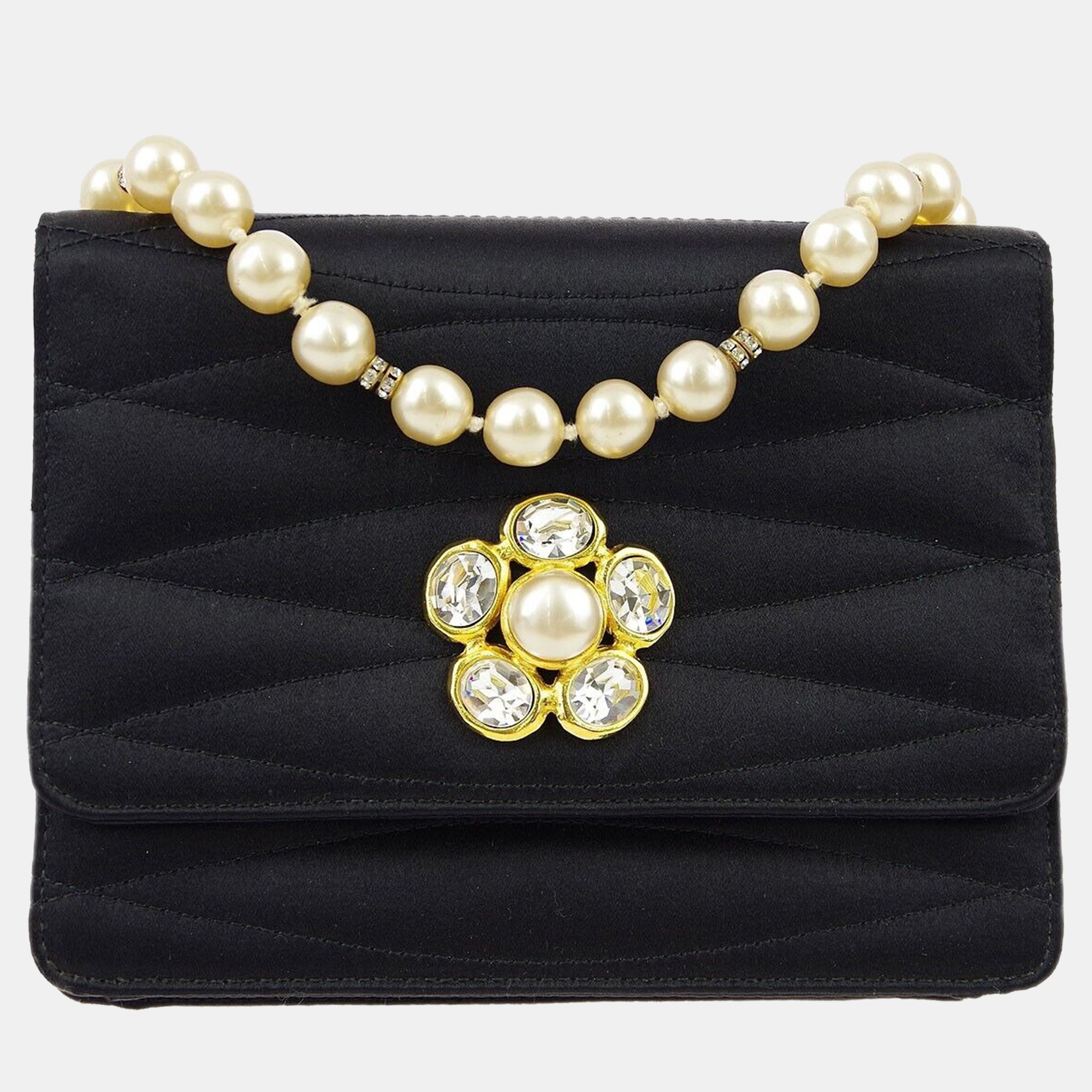 

Chanel Black Rhinestone Artificial Pearl Chain Straight Flap Bag