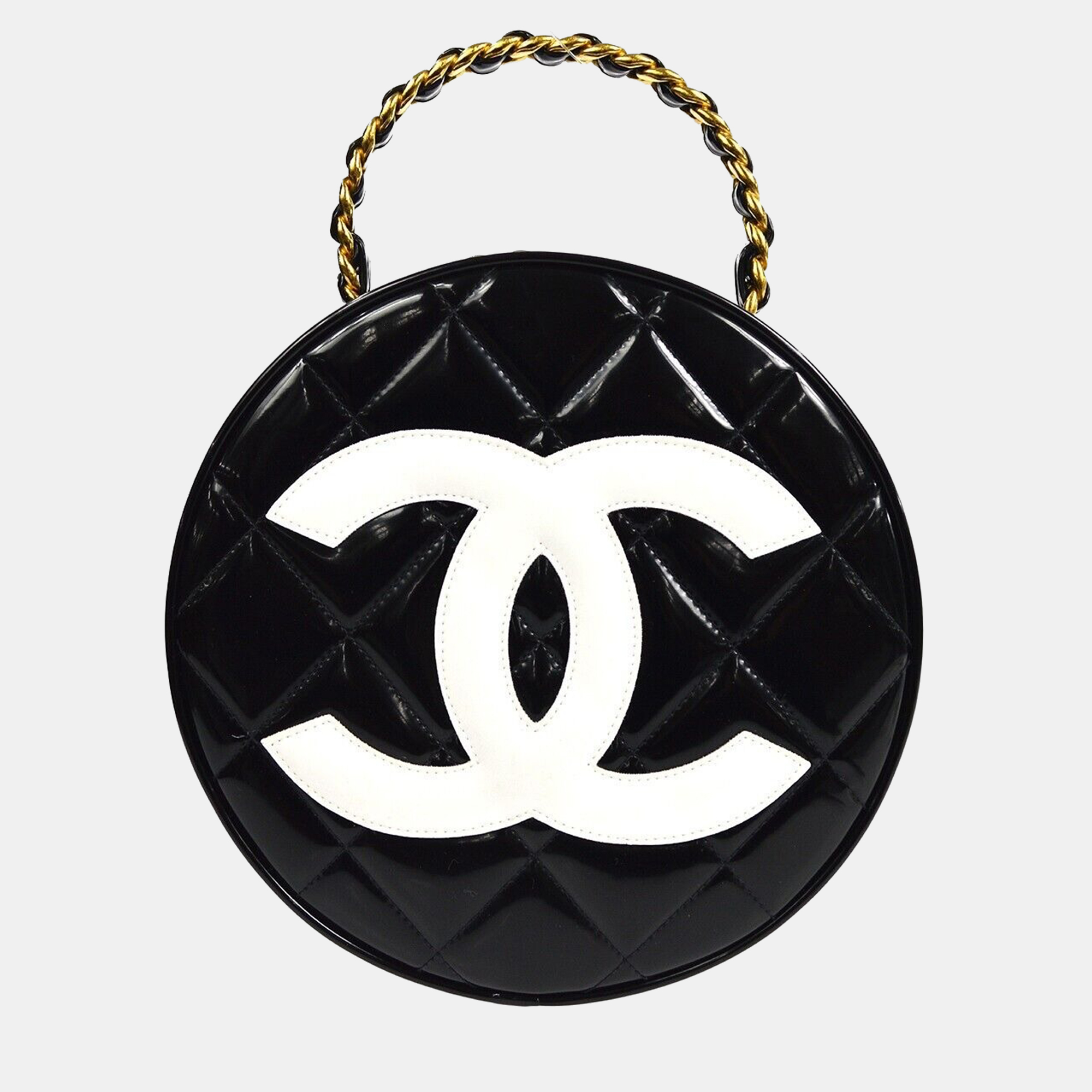 

Chanel Black Patent Leather Round Vanity Handbag