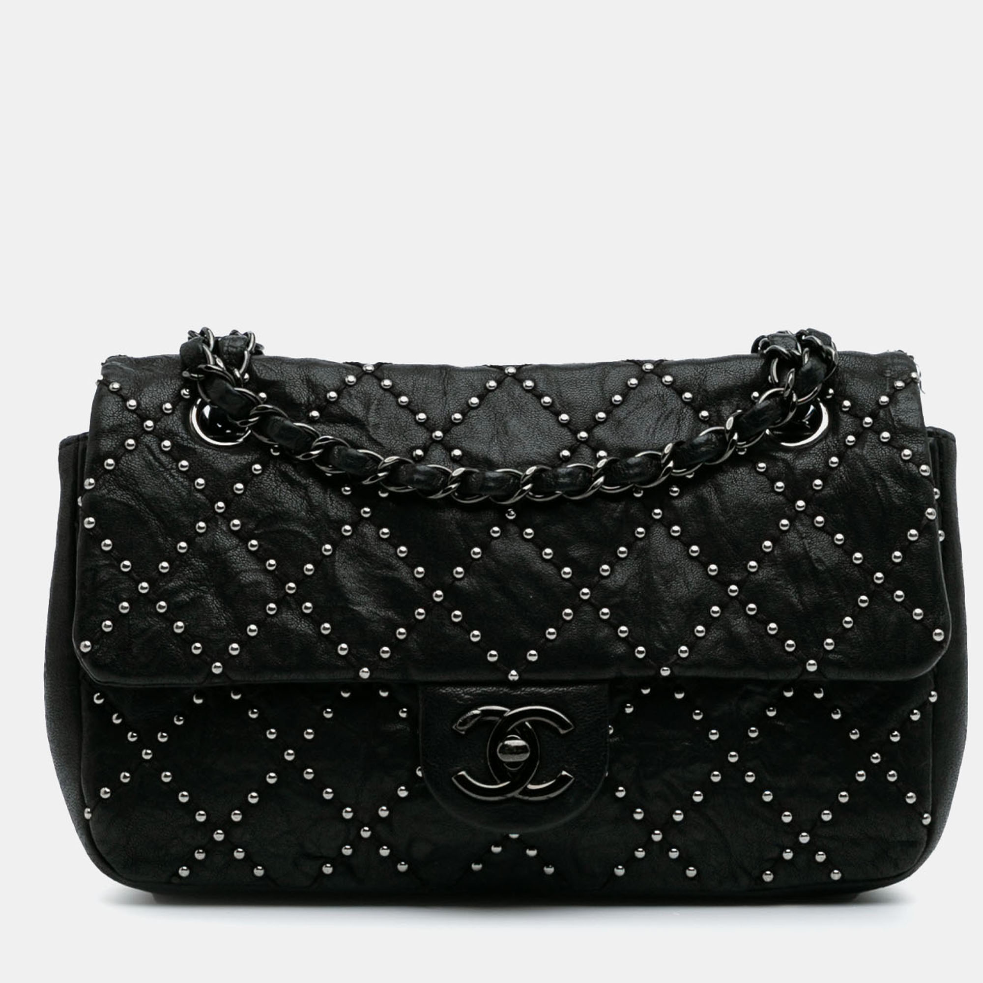 

Chanel Black Washed Lambskin Studded Metal Beauty Flap