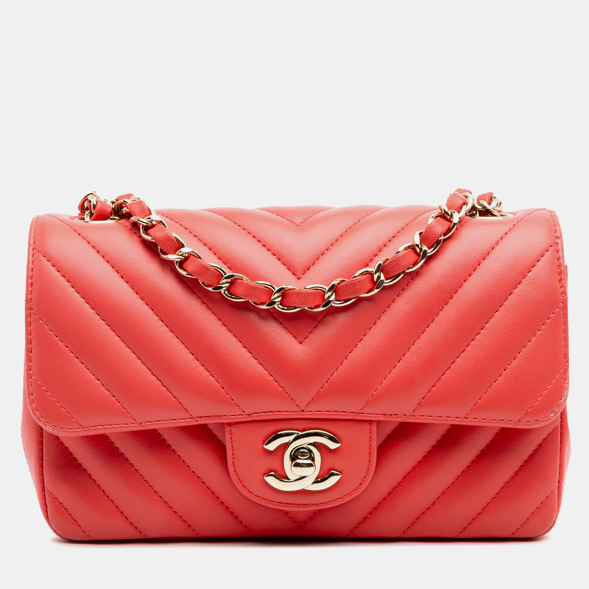 

Chanel Red Mini Rectangular Classic Chevron Lambskin Single Flap