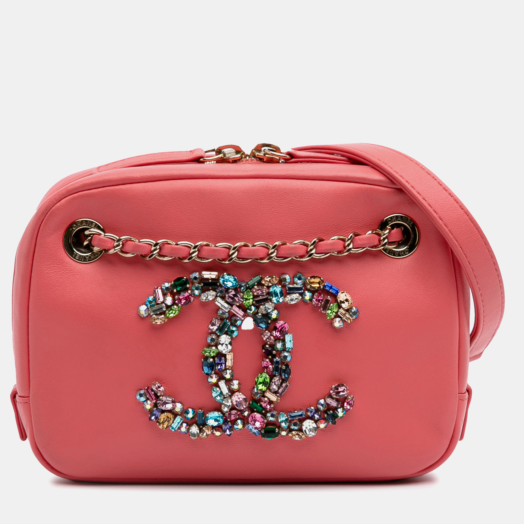 

Chanel Pink Lambskin Giant Crystal CC Camera Bag