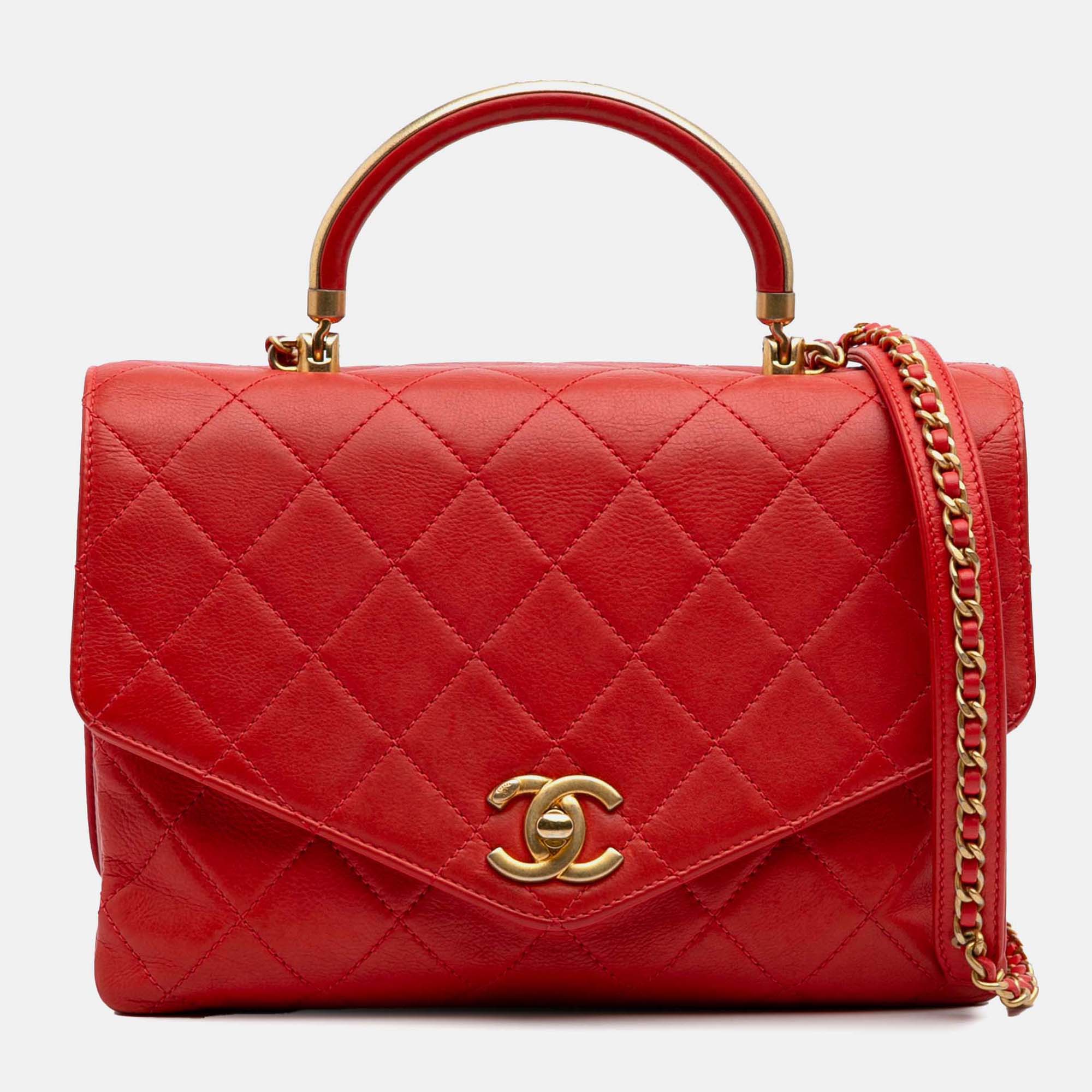 

Chanel Red Quilted Calfskin Metal Top Handle Envelope Flap